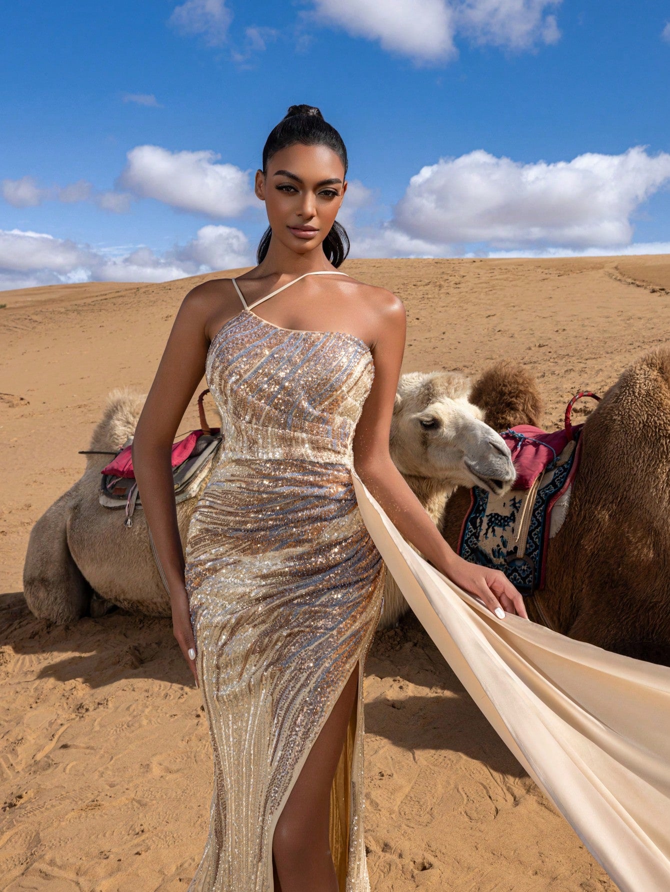 Gorgeous Beaded Sequin Full-Length Gown with High Slit & Sleek Design