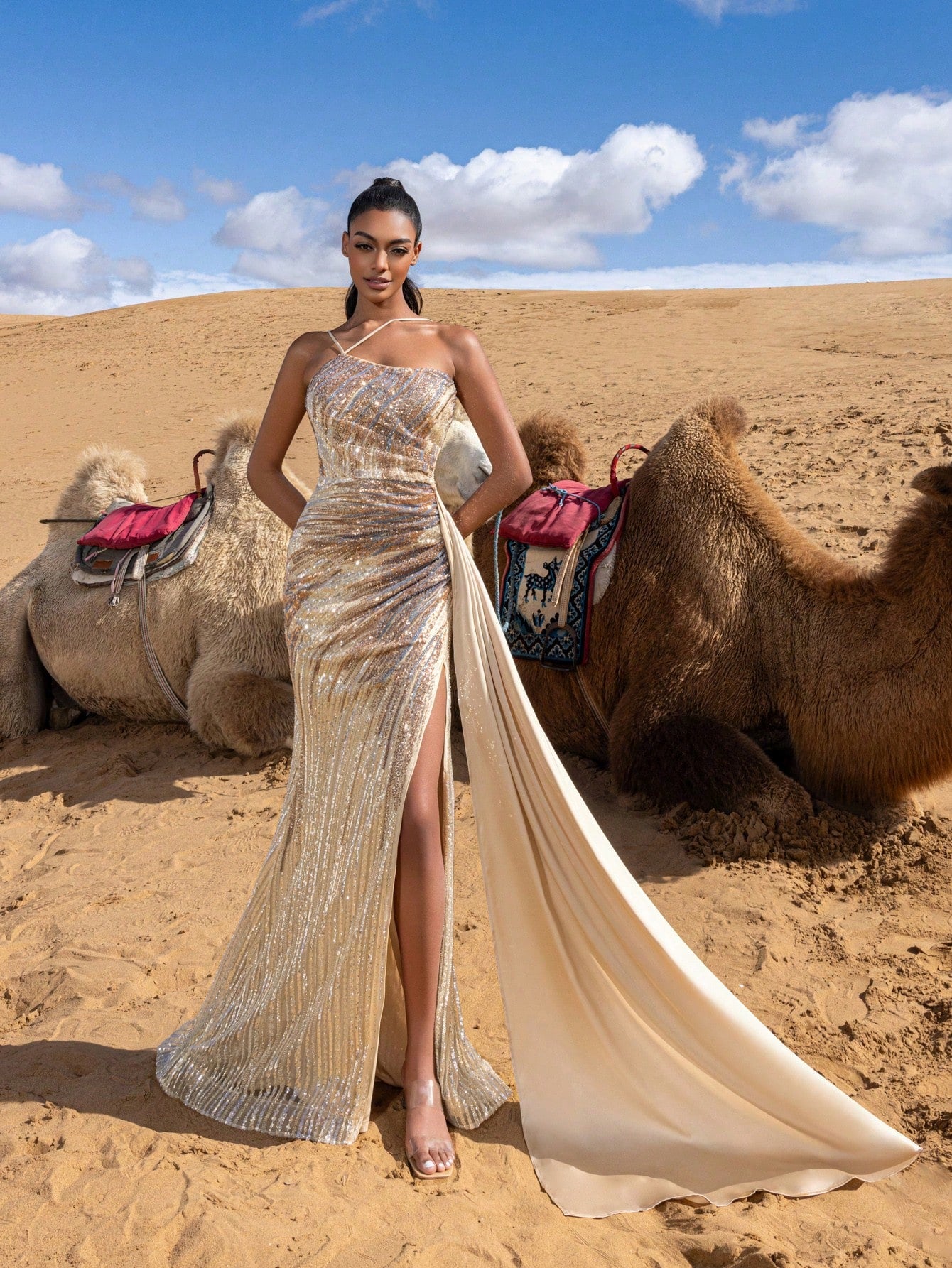 Gorgeous Beaded Sequin Full-Length Gown with High Slit & Sleek Design