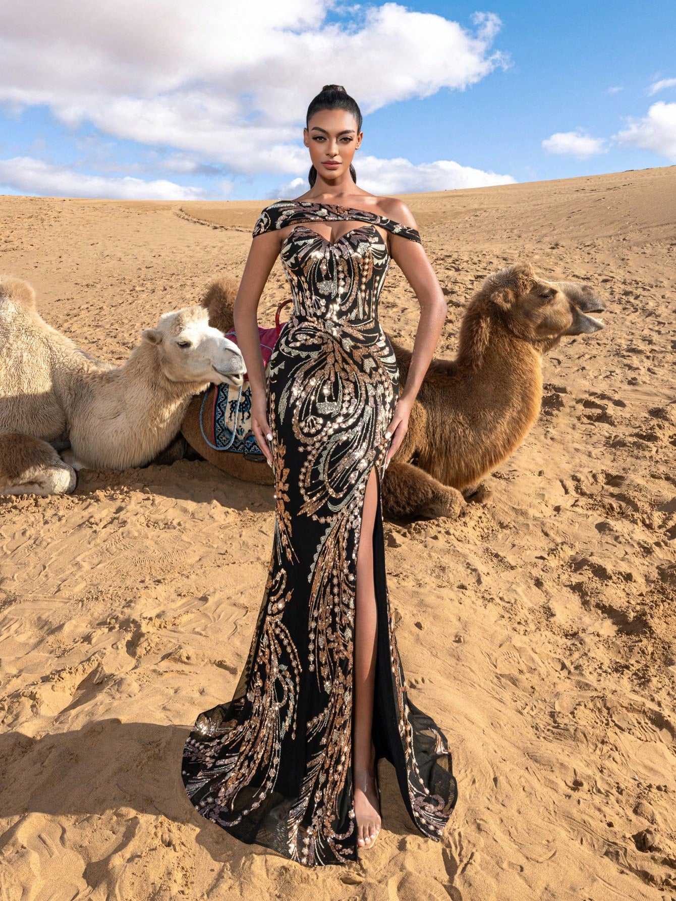 Gorgeous Sloping Shoulder Split Mermaid Hem Graphic Sequin Formal Dresses With Satin Train Beaded Evening Gowns