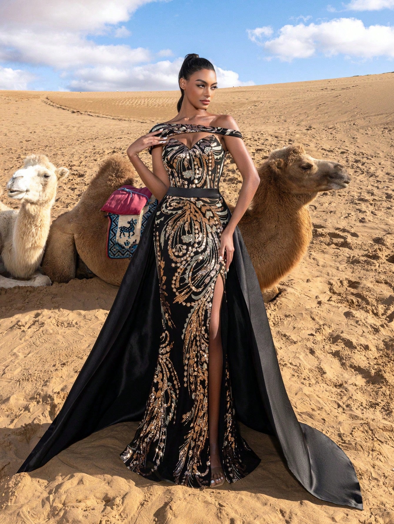 Gorgeous Sloping Shoulder Split Mermaid Hem Graphic Sequin Formal Dresses With Satin Train Beaded Evening Gowns