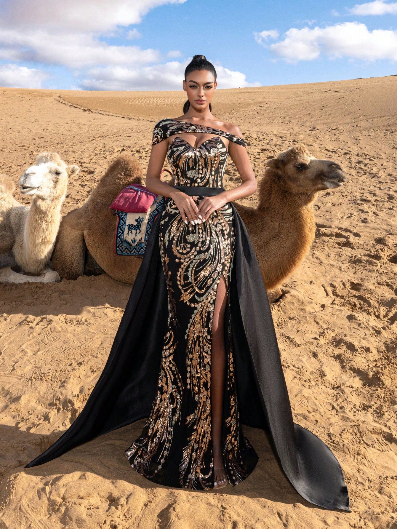 Gorgeous Sloping Shoulder Split Mermaid Hem Graphic Sequin Formal Dresses With Satin Train Beaded Evening Gowns