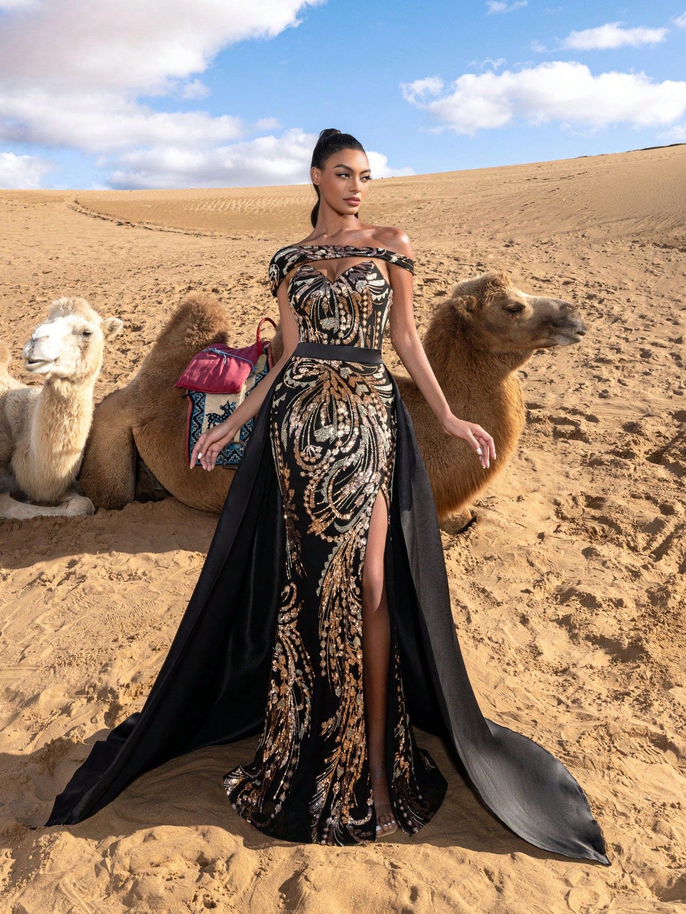 Gorgeous Sloping Shoulder Split Mermaid Hem Graphic Sequin Formal Dresses With Satin Train Beaded Evening Gowns