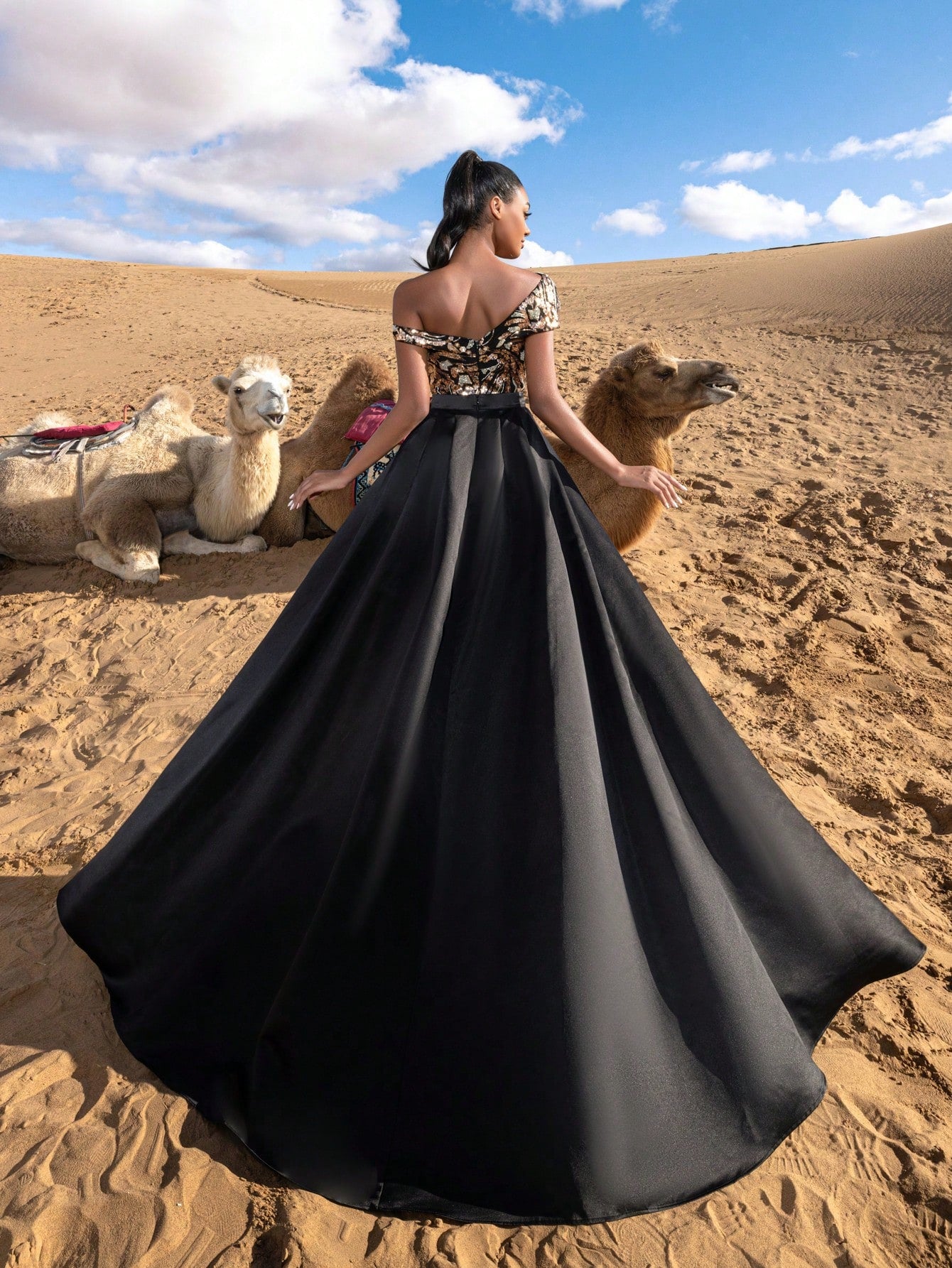 Gorgeous Sloping Shoulder Split Mermaid Hem Graphic Sequin Formal Dresses With Satin Train Beaded Evening Gowns