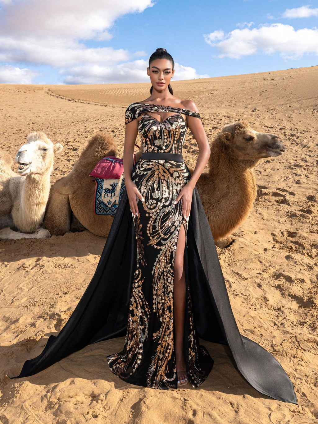 Gorgeous Sloping Shoulder Split Mermaid Hem Graphic Sequin Formal Dresses With Satin Train Beaded Evening Gowns