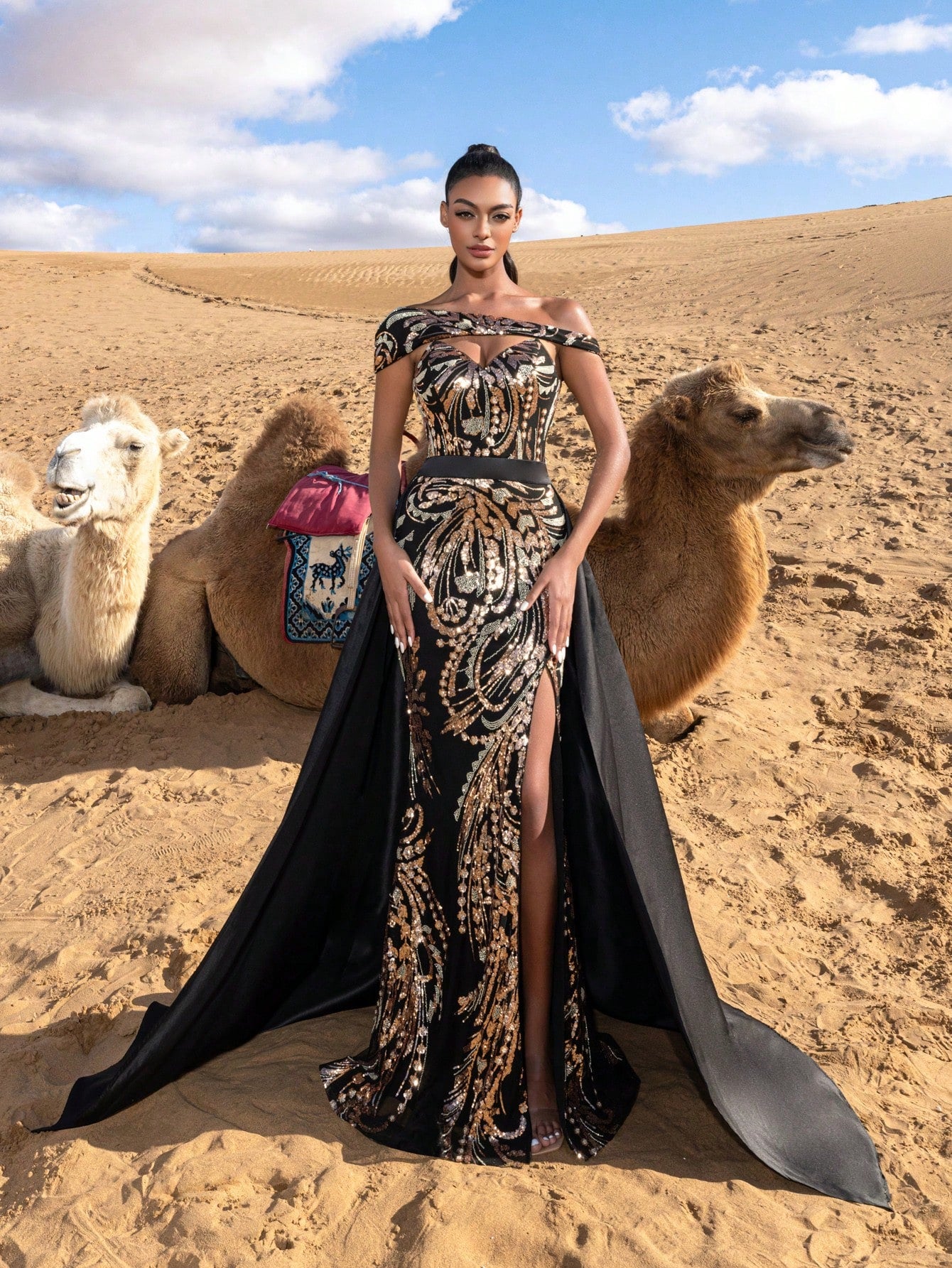 Gorgeous Sloping Shoulder Split Mermaid Hem Graphic Sequin Formal Dresses With Satin Train Beaded Evening Gowns