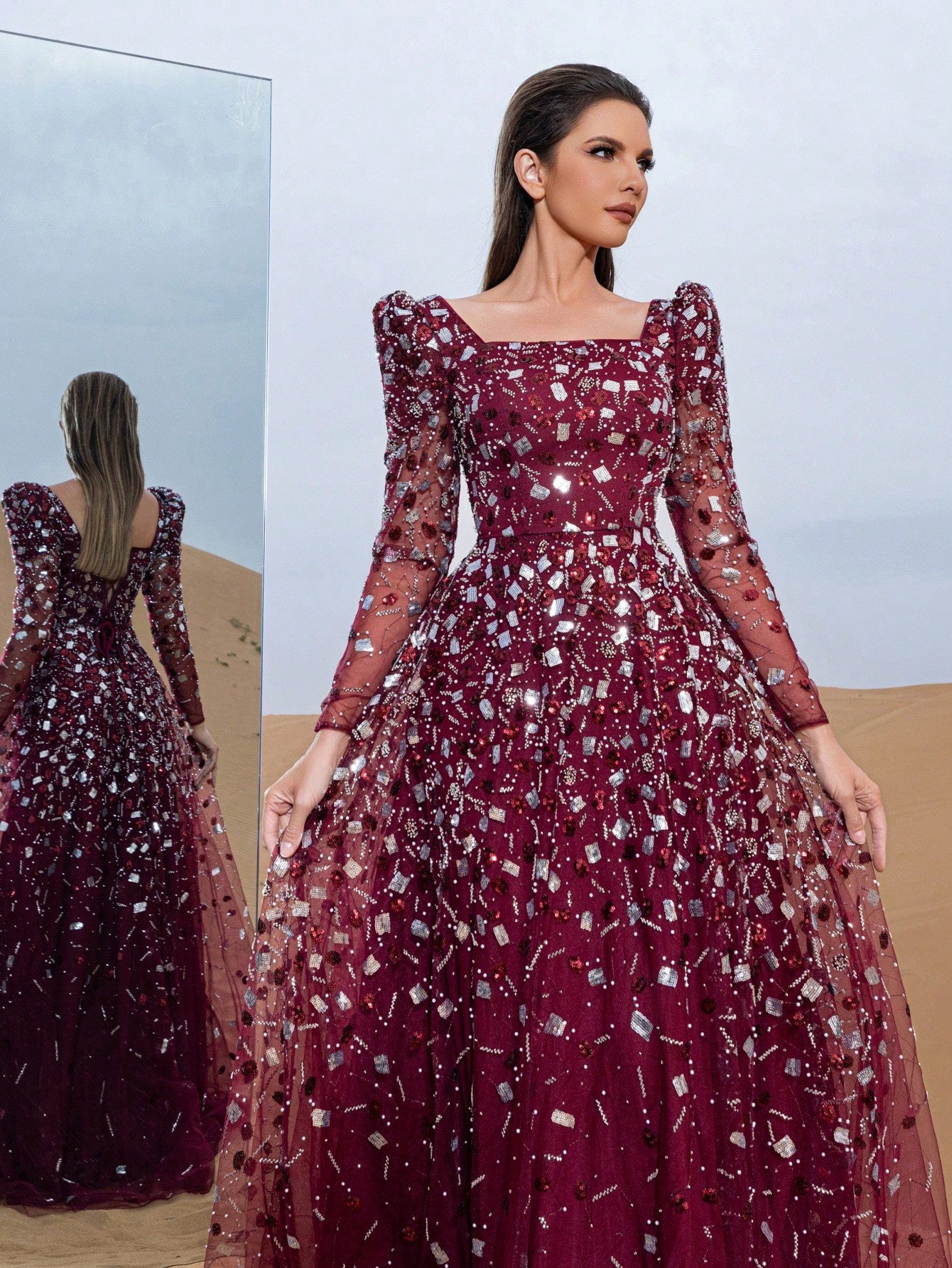 Gorgeous Beaded Sequin Evening Gown with Long Sleeves & Fitted Bodice