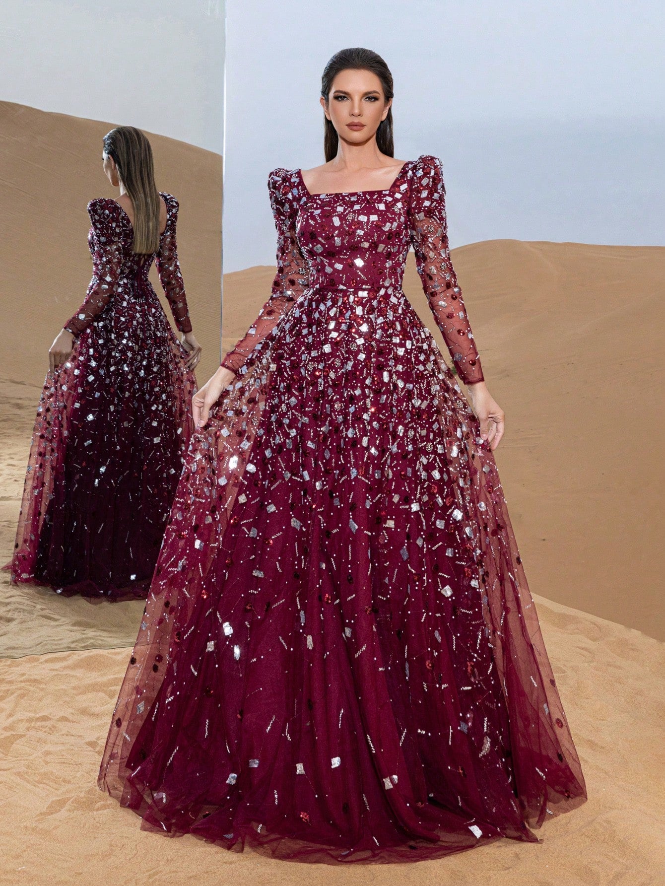 Gorgeous Beaded Sequin Evening Gown with Long Sleeves & Fitted Bodice