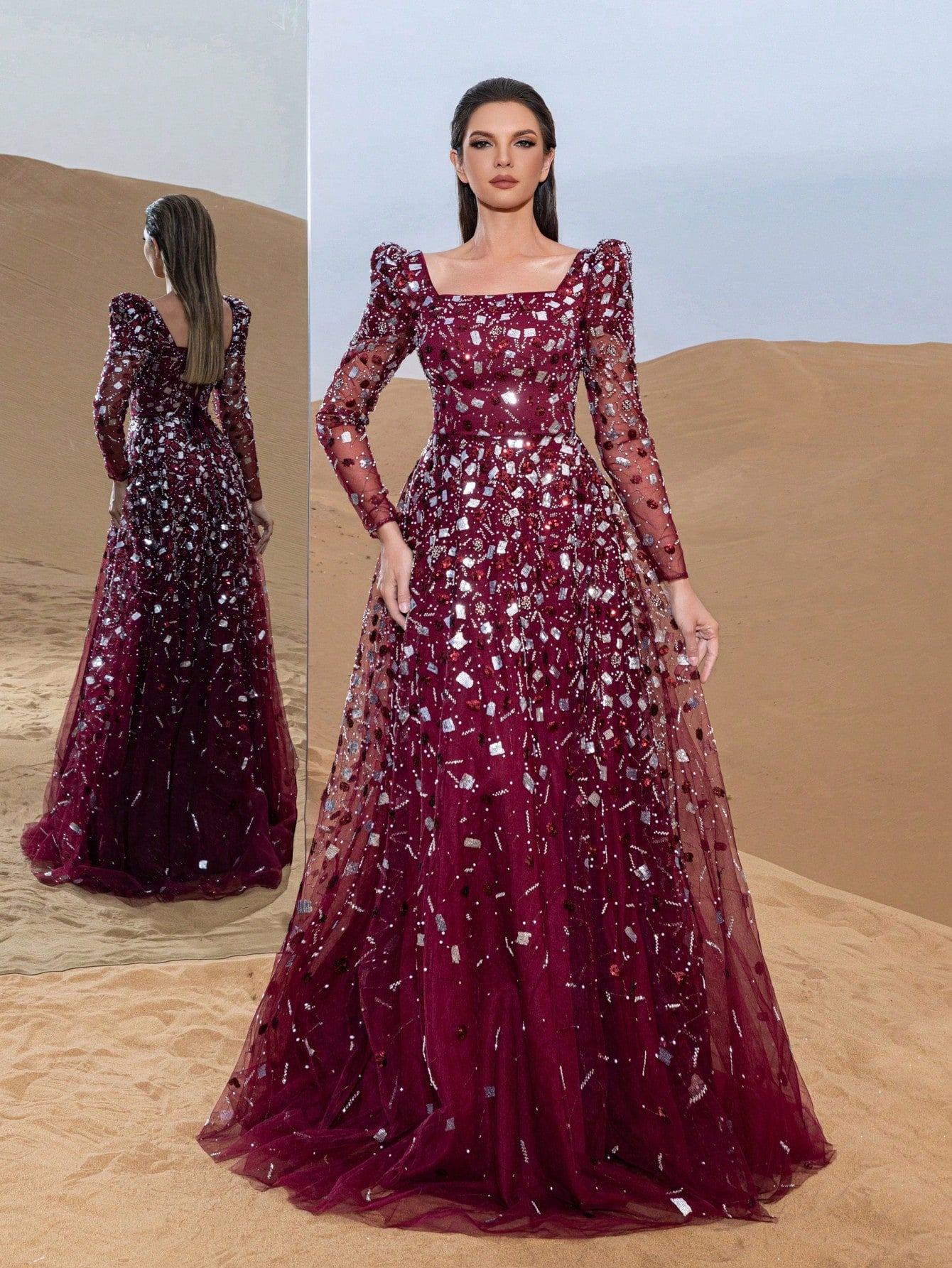 Gorgeous Beaded Sequin Evening Gown with Long Sleeves & Fitted Bodice