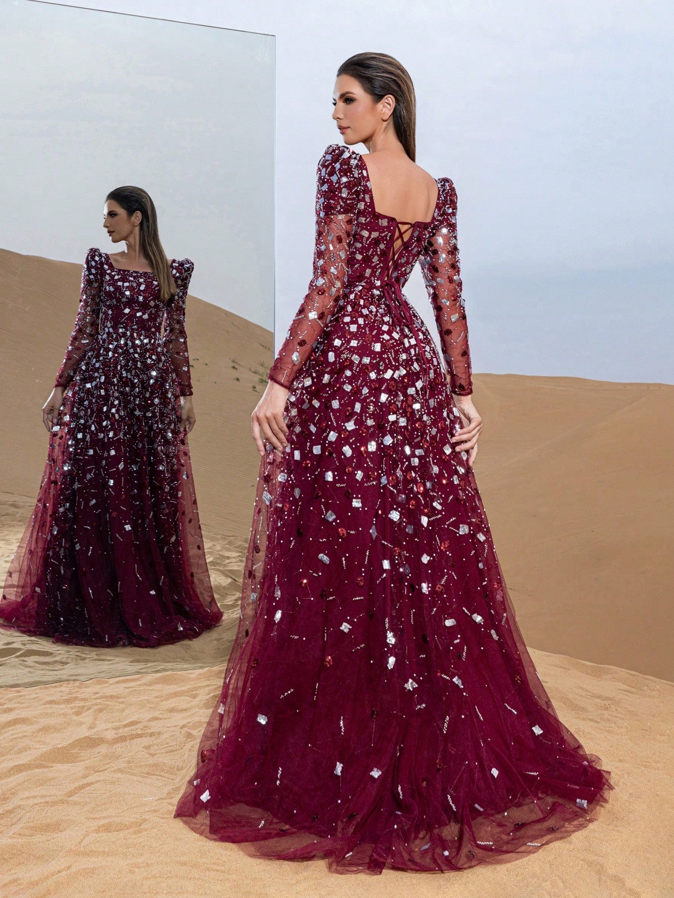 Gorgeous Beaded Sequin Evening Gown with Long Sleeves & Fitted Bodice