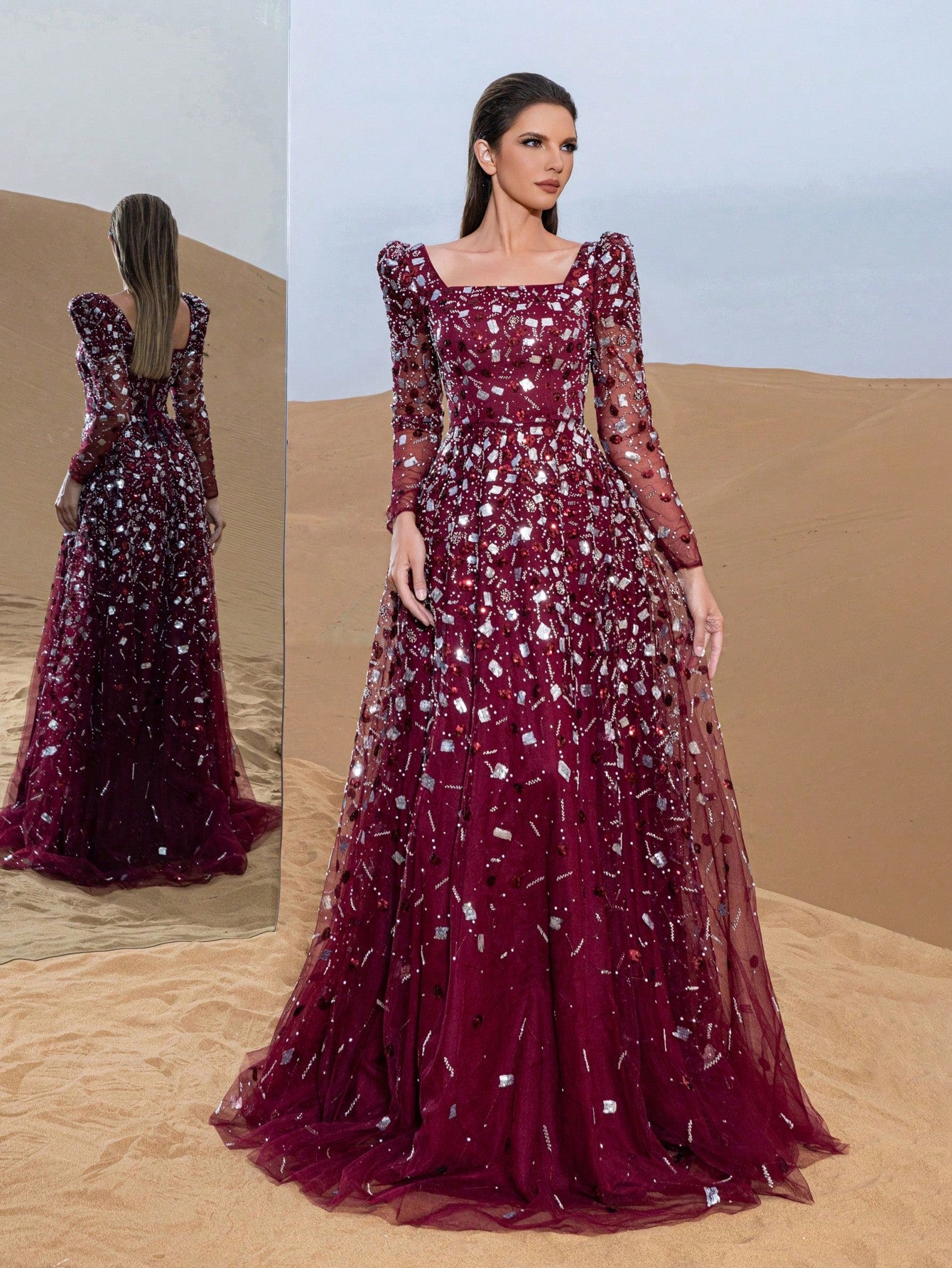 Gorgeous Beaded Sequin Evening Gown with Long Sleeves & Fitted Bodice