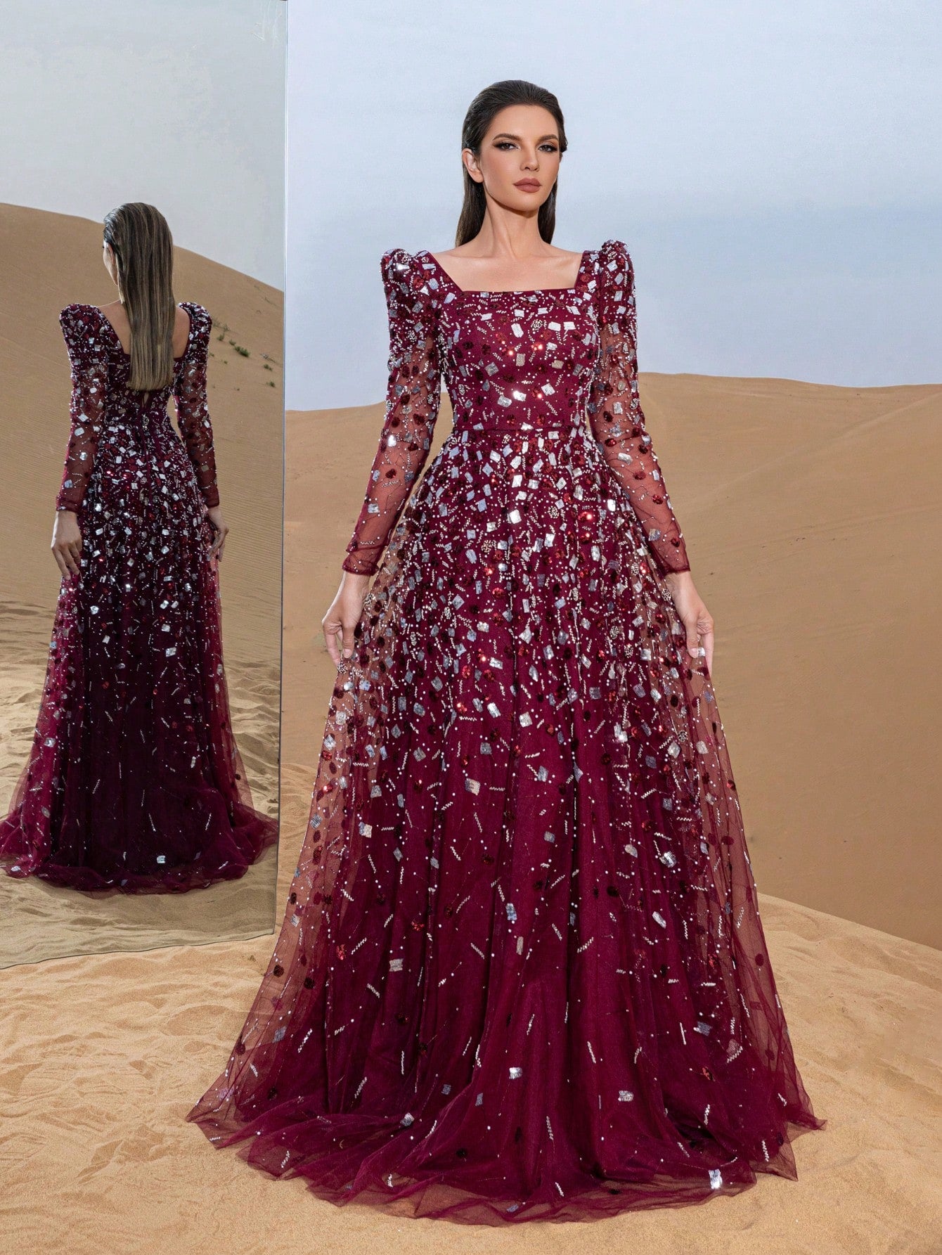 Gorgeous Beaded Sequin Evening Gown with Long Sleeves & Fitted Bodice
