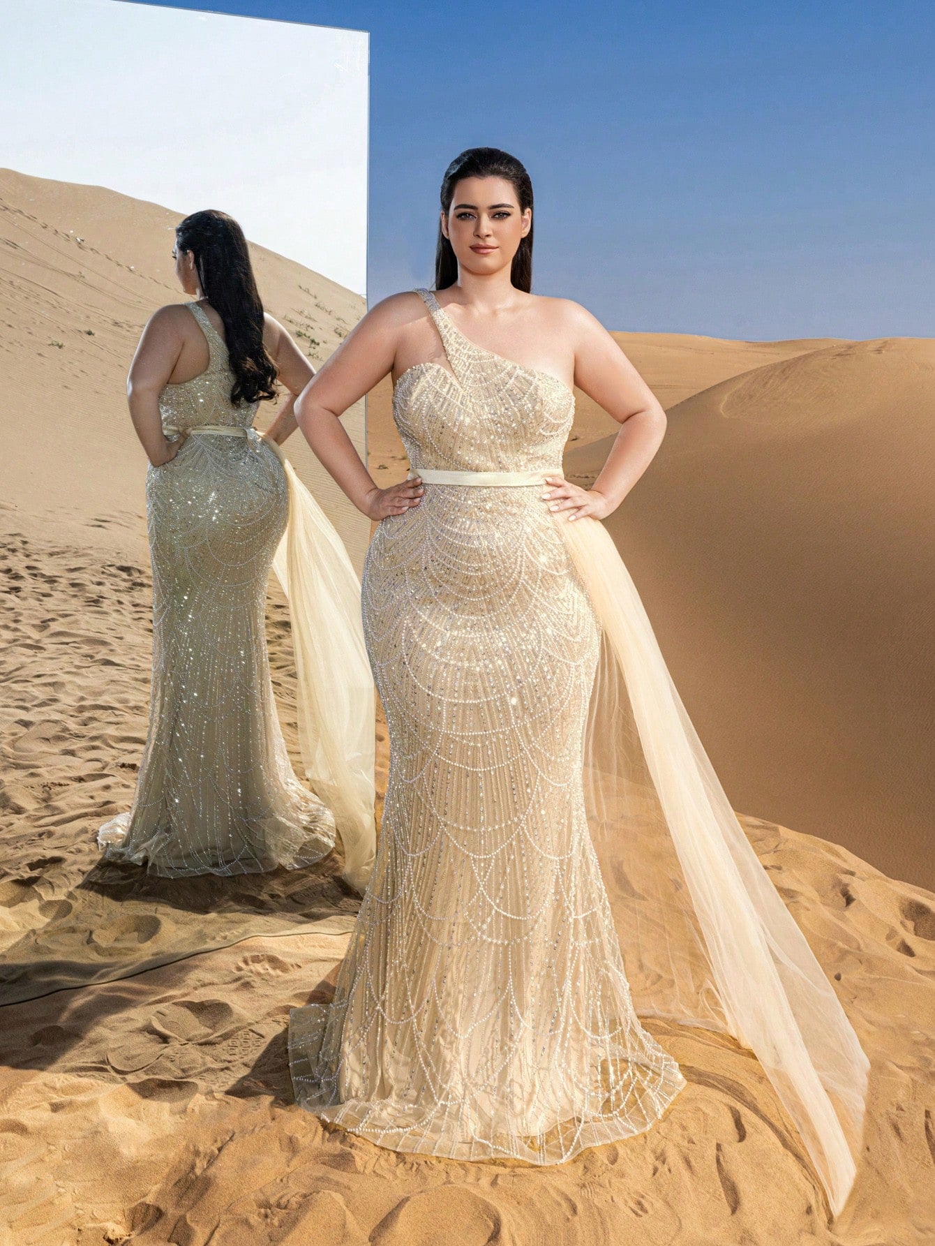 Plus Luxury One Shoulder Sheer Overlay Beaded Formal Evening Dress & Embellished Dress & Beaded Gowns & Evening Gowns