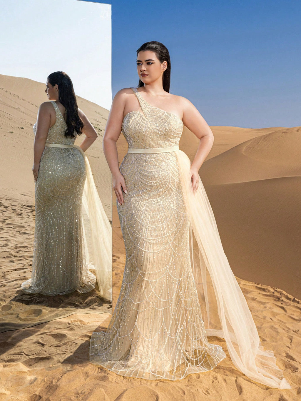 Plus Luxury One Shoulder Sheer Overlay Beaded Formal Evening Dress & Embellished Dress & Beaded Gowns & Evening Gowns