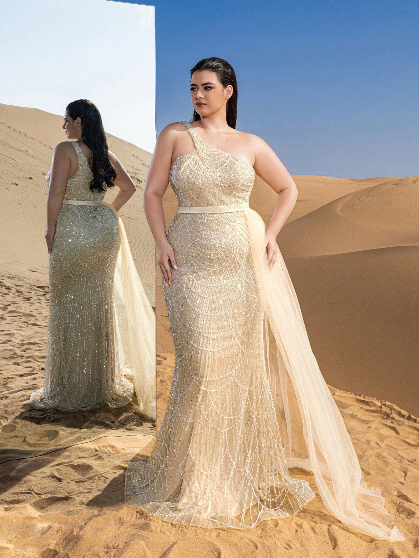 Plus Luxury One Shoulder Sheer Overlay Beaded Formal Evening Dress & Embellished Dress & Beaded Gowns & Evening Gowns
