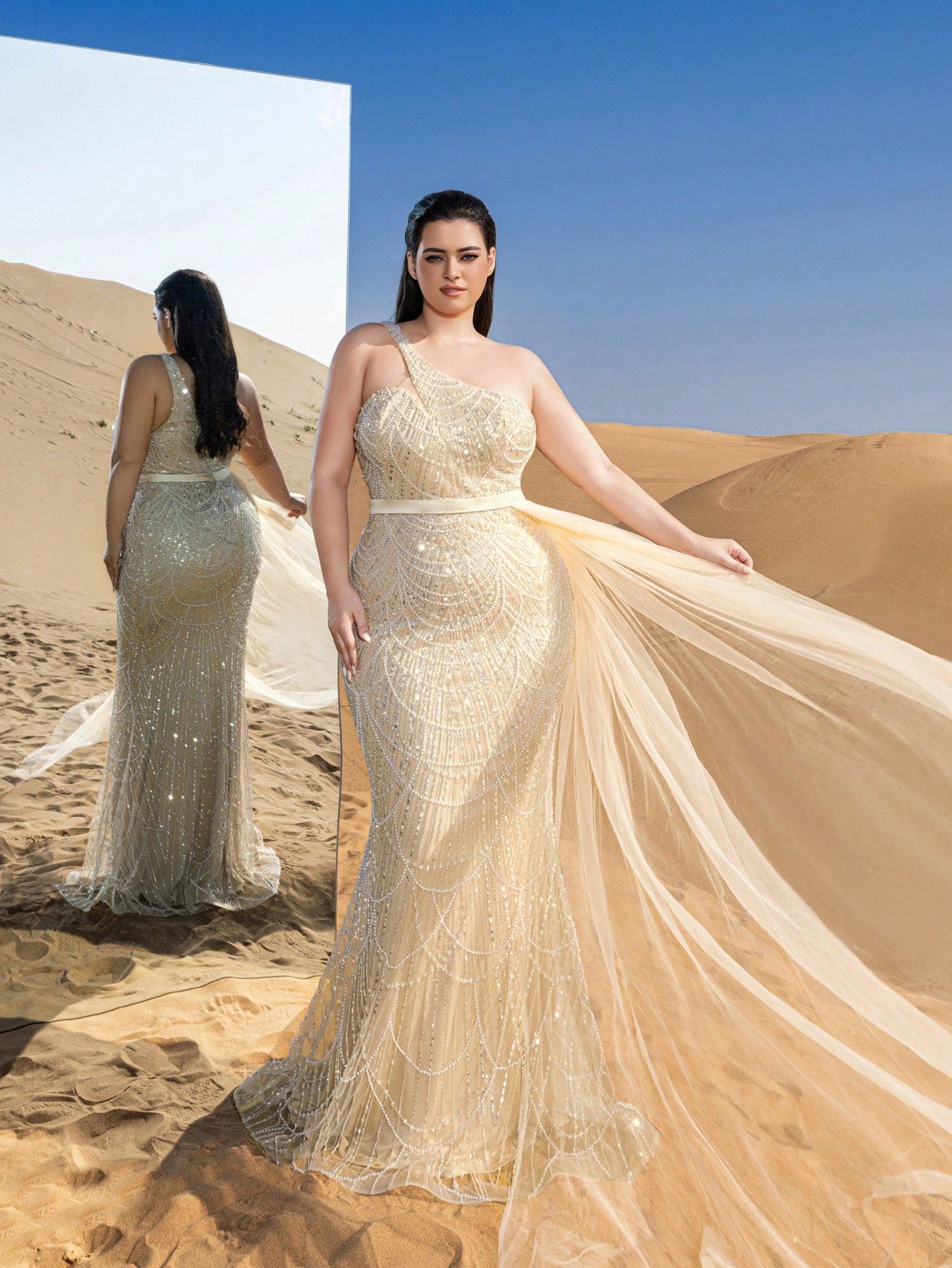 Plus Luxury One Shoulder Sheer Overlay Beaded Formal Evening Dress & Embellished Dress & Beaded Gowns & Evening Gowns