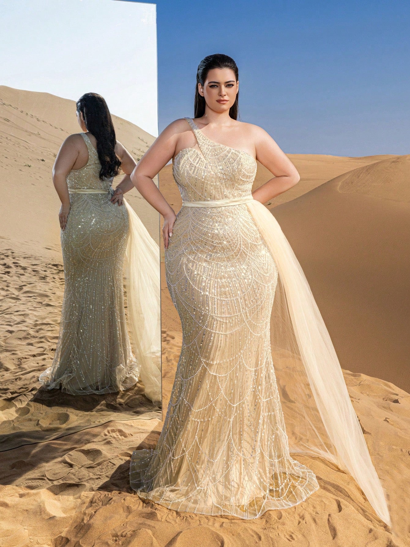 Plus Luxury One Shoulder Sheer Overlay Beaded Formal Evening Dress & Embellished Dress & Beaded Gowns & Evening Gowns