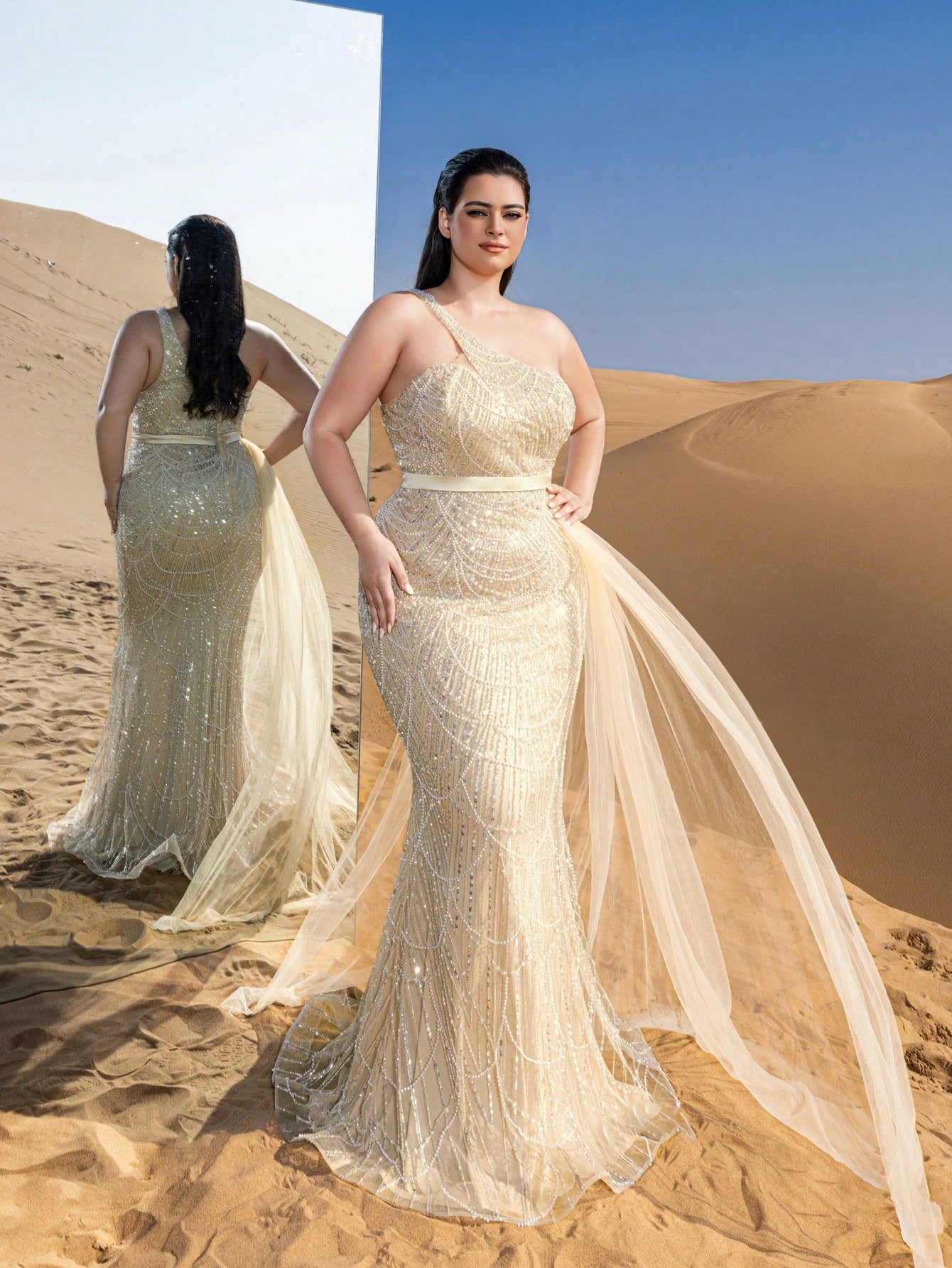 Plus Luxury One Shoulder Sheer Overlay Beaded Formal Evening Dress & Embellished Dress & Beaded Gowns & Evening Gowns