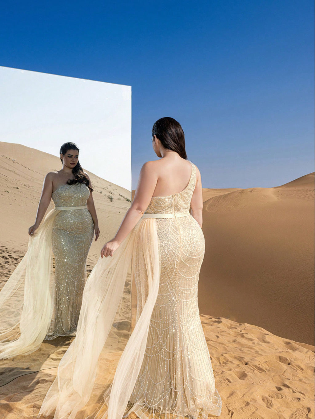 Plus Luxury One Shoulder Sheer Overlay Beaded Formal Evening Dress & Embellished Dress & Beaded Gowns & Evening Gowns