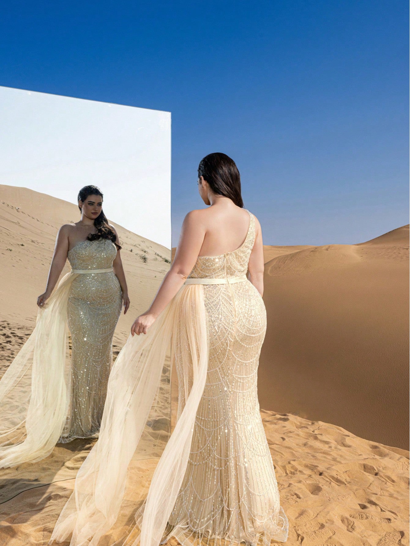Plus Luxury One Shoulder Sheer Overlay Beaded Formal Evening Dress & Embellished Dress & Beaded Gowns & Evening Gowns