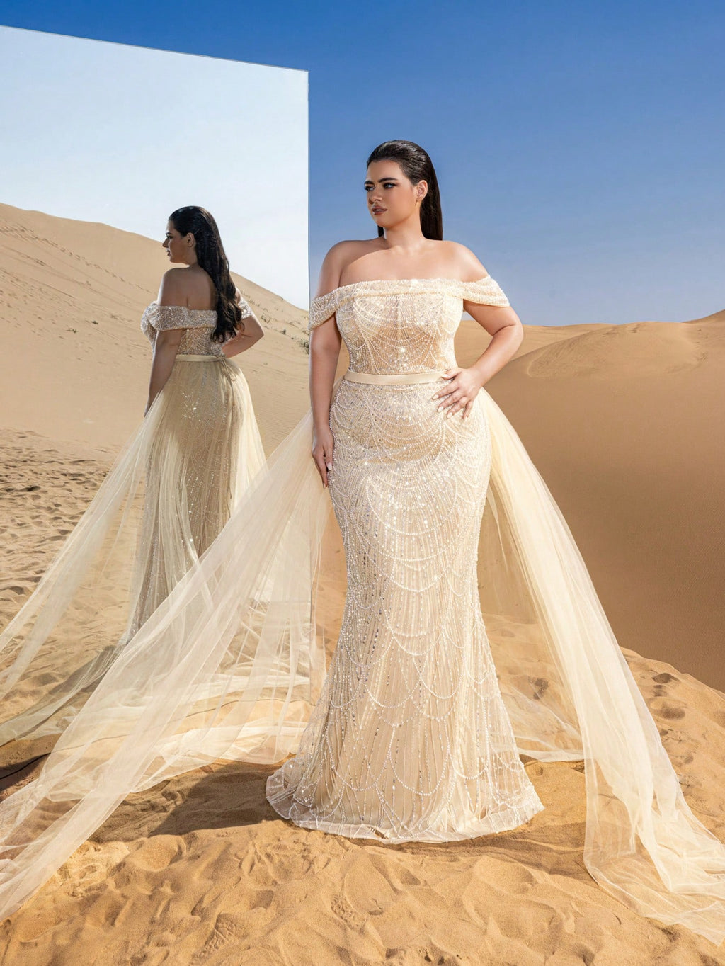 Elegant Off-Shoulder Mermaid Gown with Side Flowing Ribbons & Beaded Tulle Overlay
