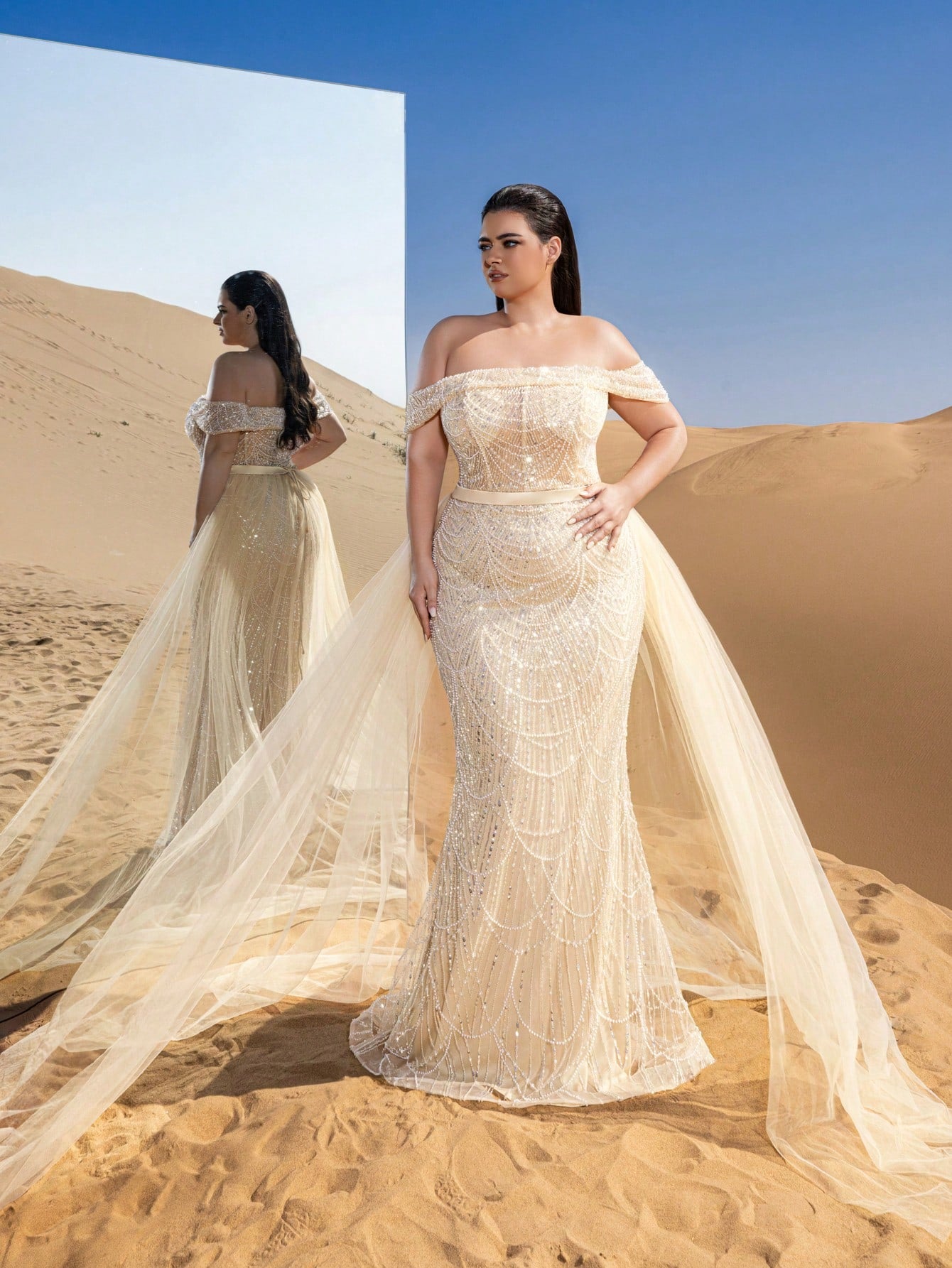 Elegant Off-Shoulder Mermaid Gown with Side Flowing Ribbons & Beaded Tulle Overlay