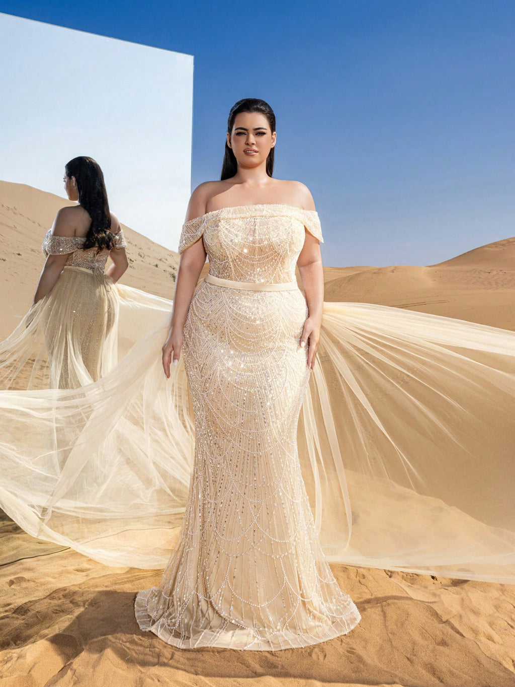 Elegant Off-Shoulder Mermaid Gown with Side Flowing Ribbons & Beaded Tulle Overlay