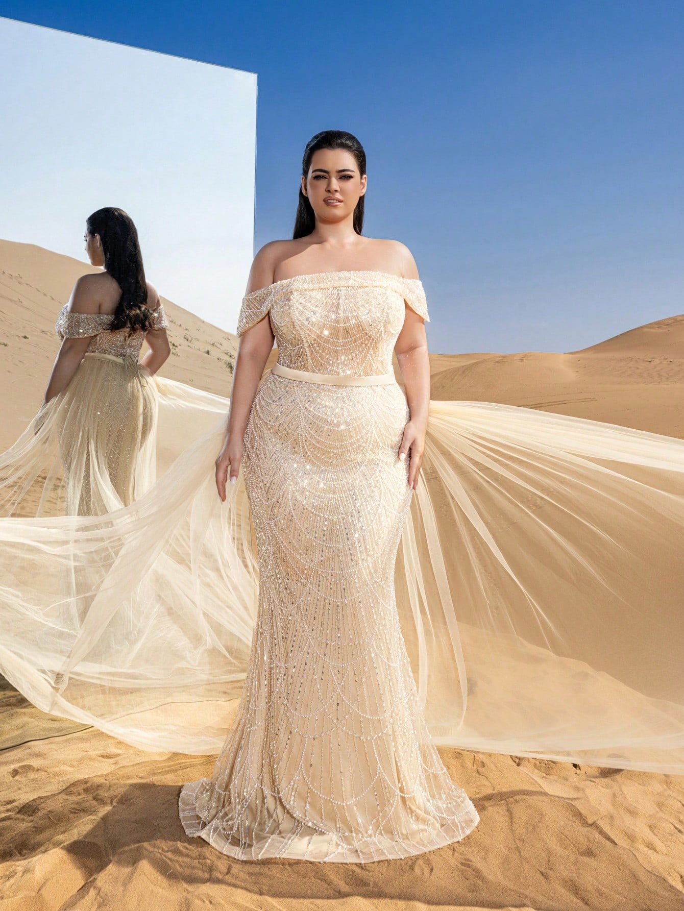 Elegant Off-Shoulder Mermaid Gown with Side Flowing Ribbons & Beaded Tulle Overlay