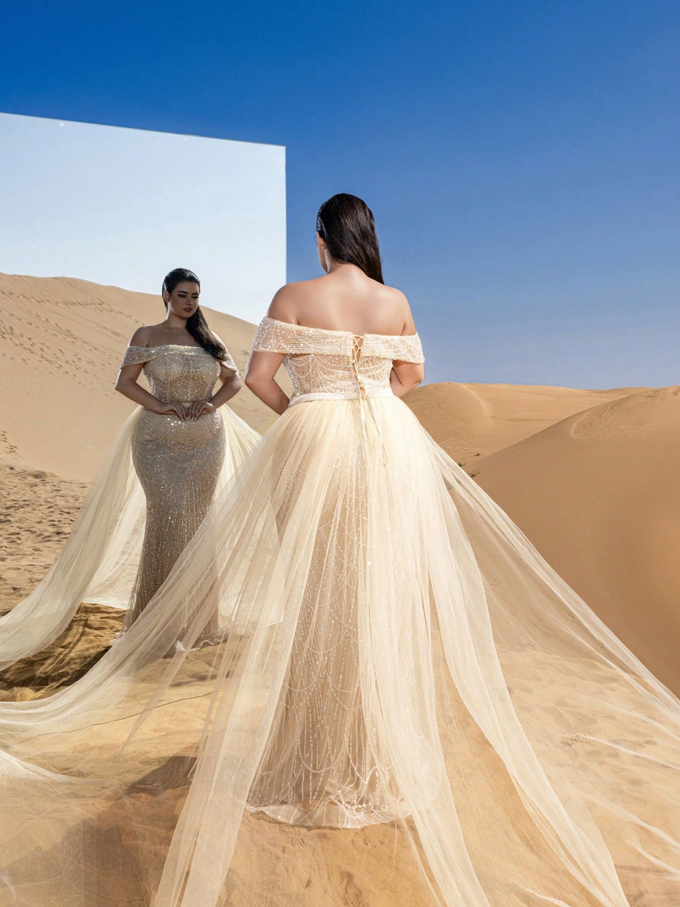 Elegant Off-Shoulder Mermaid Gown with Side Flowing Ribbons & Beaded Tulle Overlay