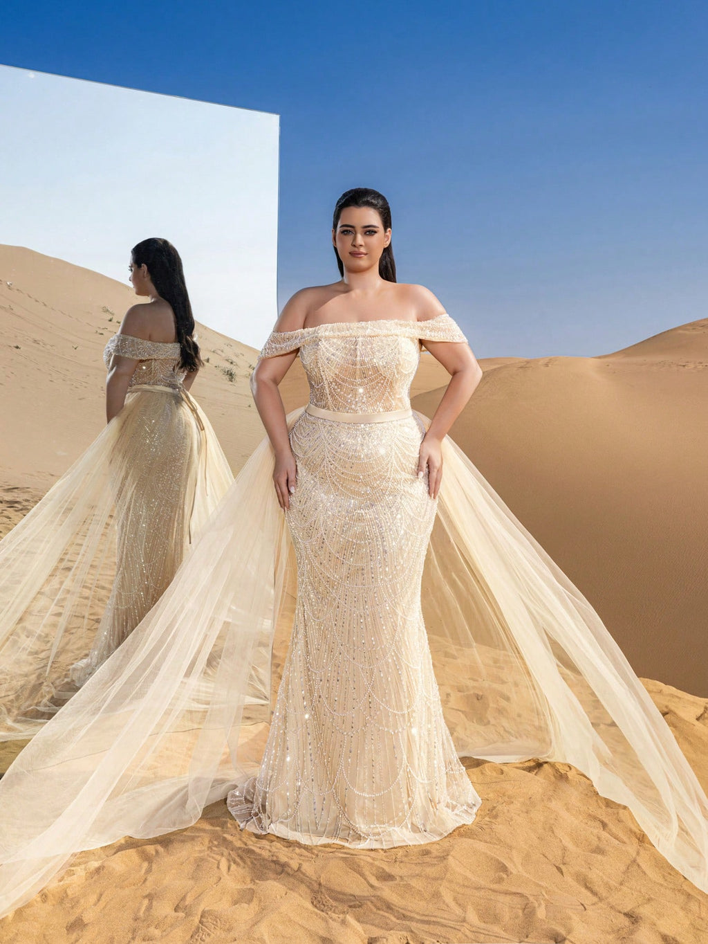 Elegant Off-Shoulder Mermaid Gown with Side Flowing Ribbons & Beaded Tulle Overlay