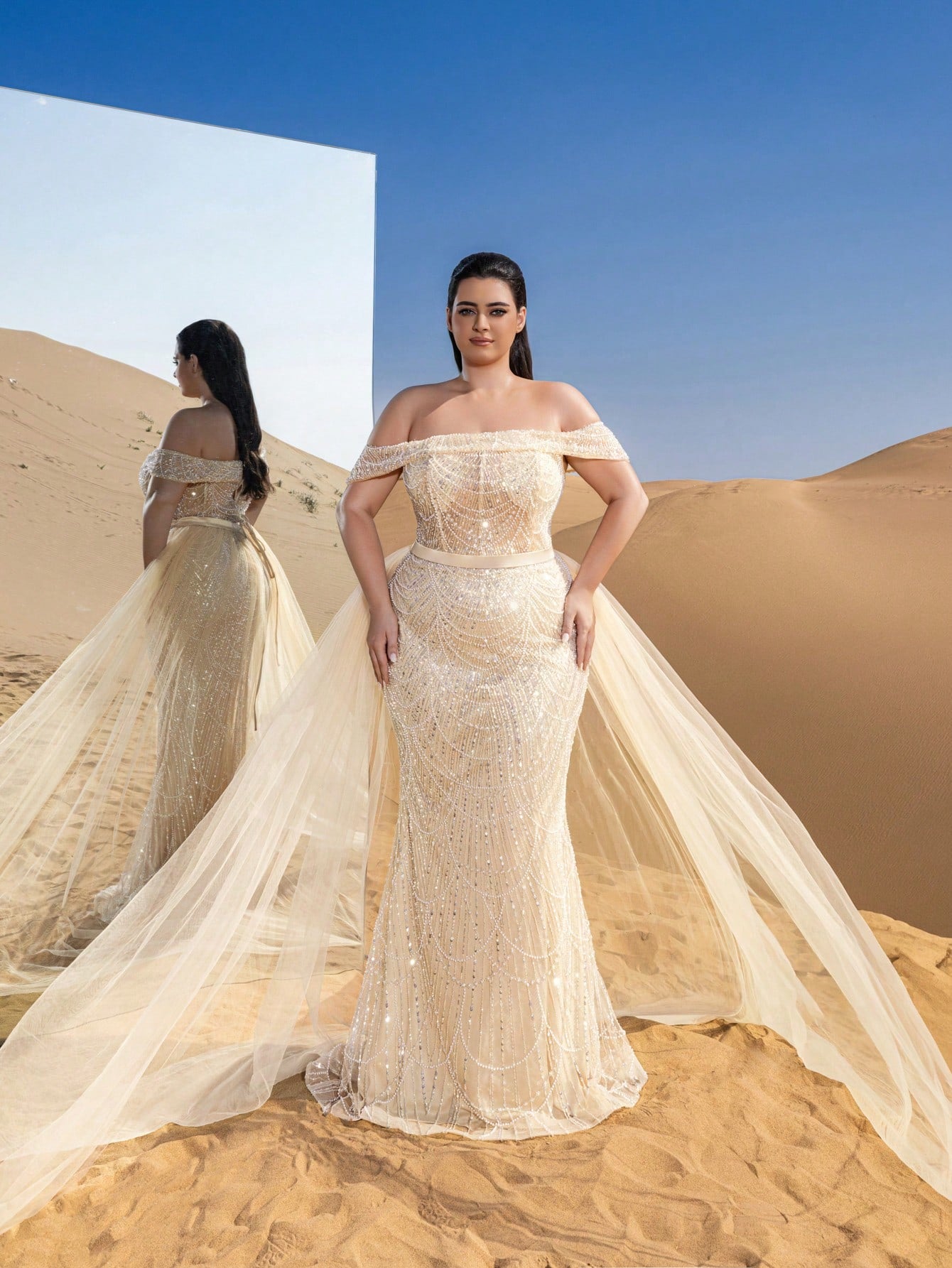 Elegant Off-Shoulder Mermaid Gown with Side Flowing Ribbons & Beaded Tulle Overlay