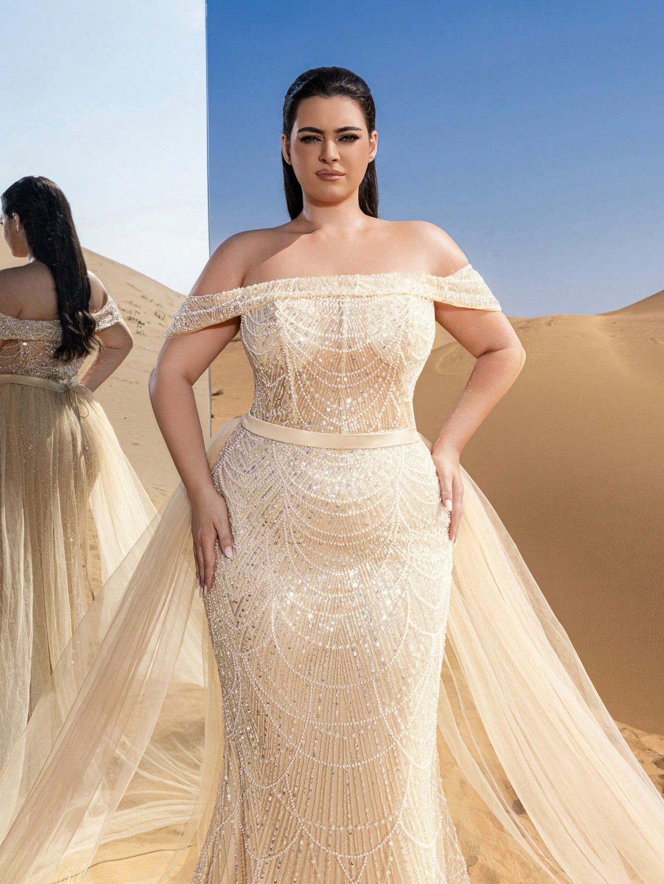 Elegant Off-Shoulder Mermaid Gown with Side Flowing Ribbons & Beaded Tulle Overlay