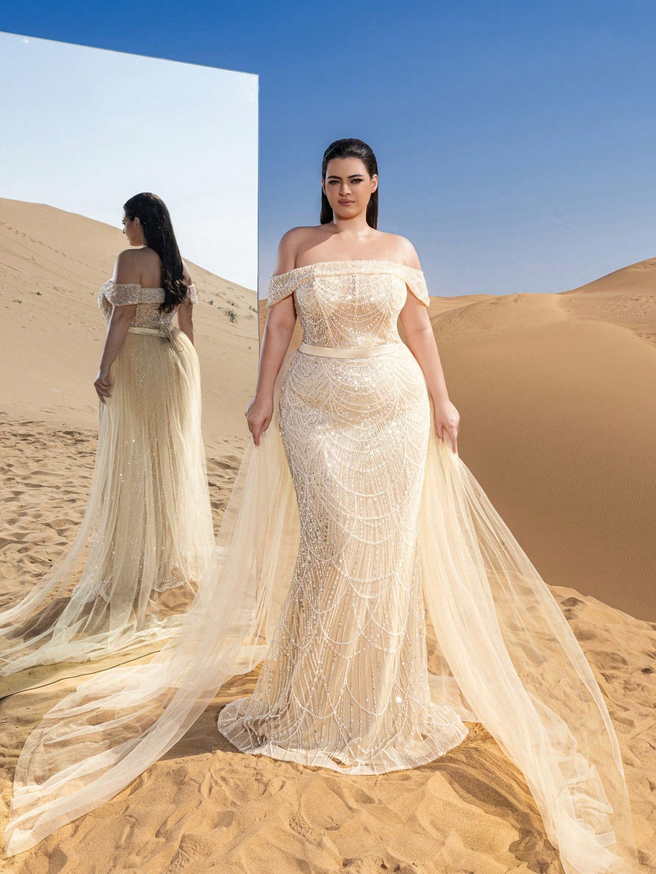 Elegant Off-Shoulder Mermaid Gown with Side Flowing Ribbons & Beaded Tulle Overlay