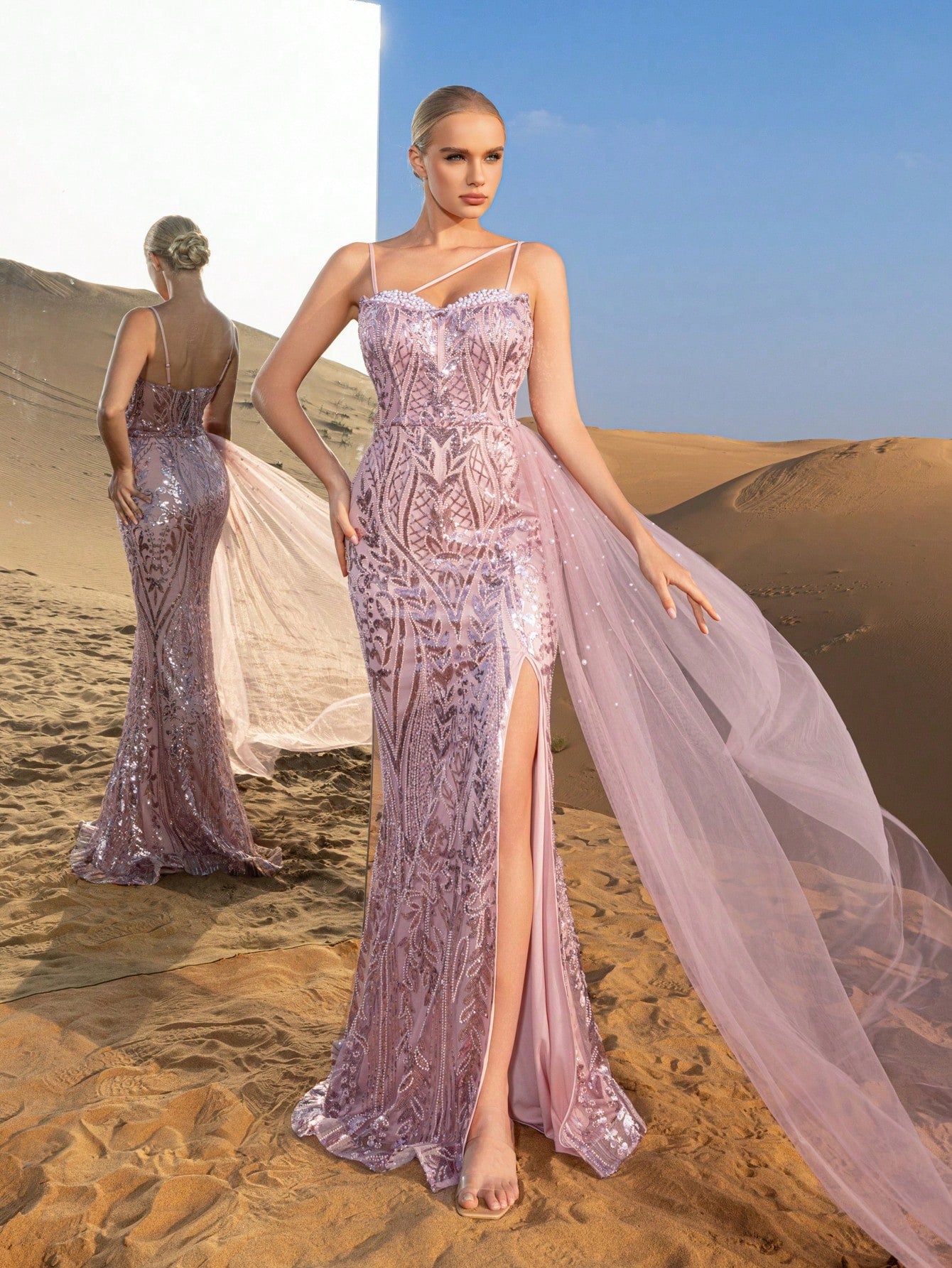 Luxury Gorgeous  Asymmetrical Neck Mermaid Hem Splice Mesh Floral Beaded Sequin Formal Party Dress