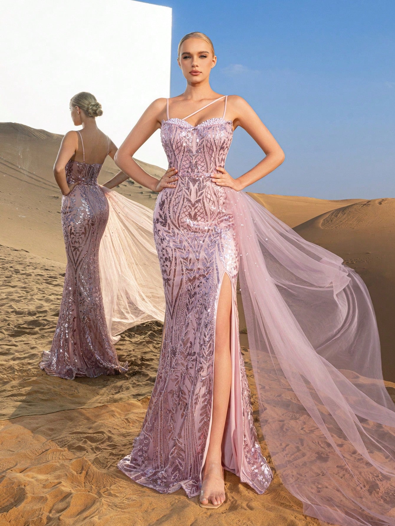 Luxury Gorgeous  Asymmetrical Neck Mermaid Hem Splice Mesh Floral Beaded Sequin Formal Party Dress