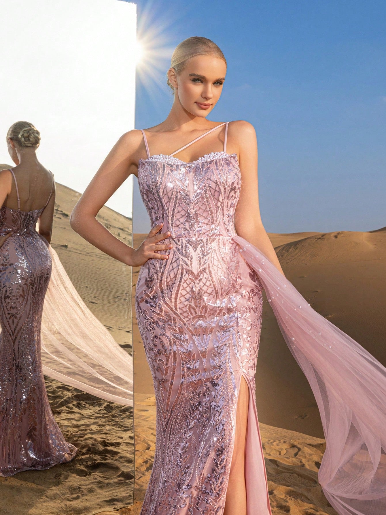 Luxury Gorgeous  Asymmetrical Neck Mermaid Hem Splice Mesh Floral Beaded Sequin Formal Party Dress