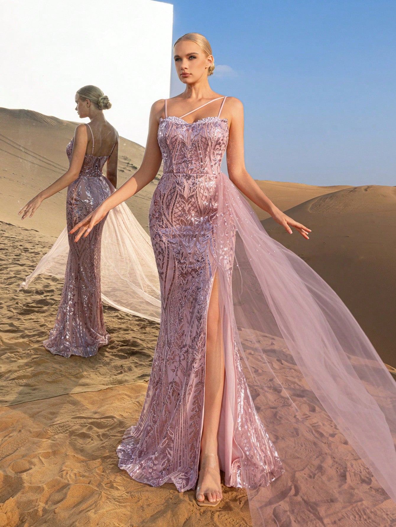 Luxury Gorgeous  Asymmetrical Neck Mermaid Hem Splice Mesh Floral Beaded Sequin Formal Party Dress