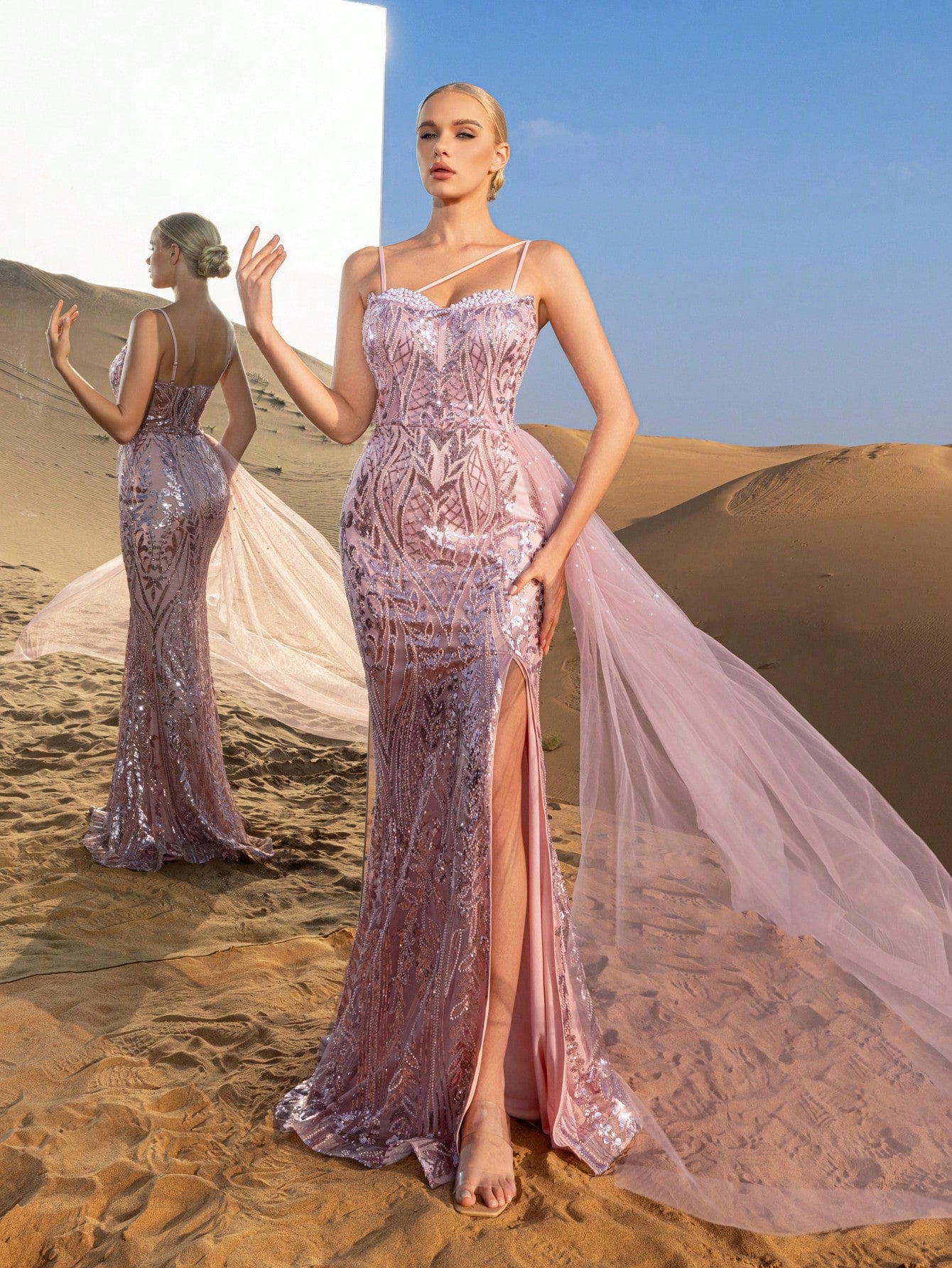 Luxury Gorgeous  Asymmetrical Neck Mermaid Hem Splice Mesh Floral Beaded Sequin Formal Party Dress
