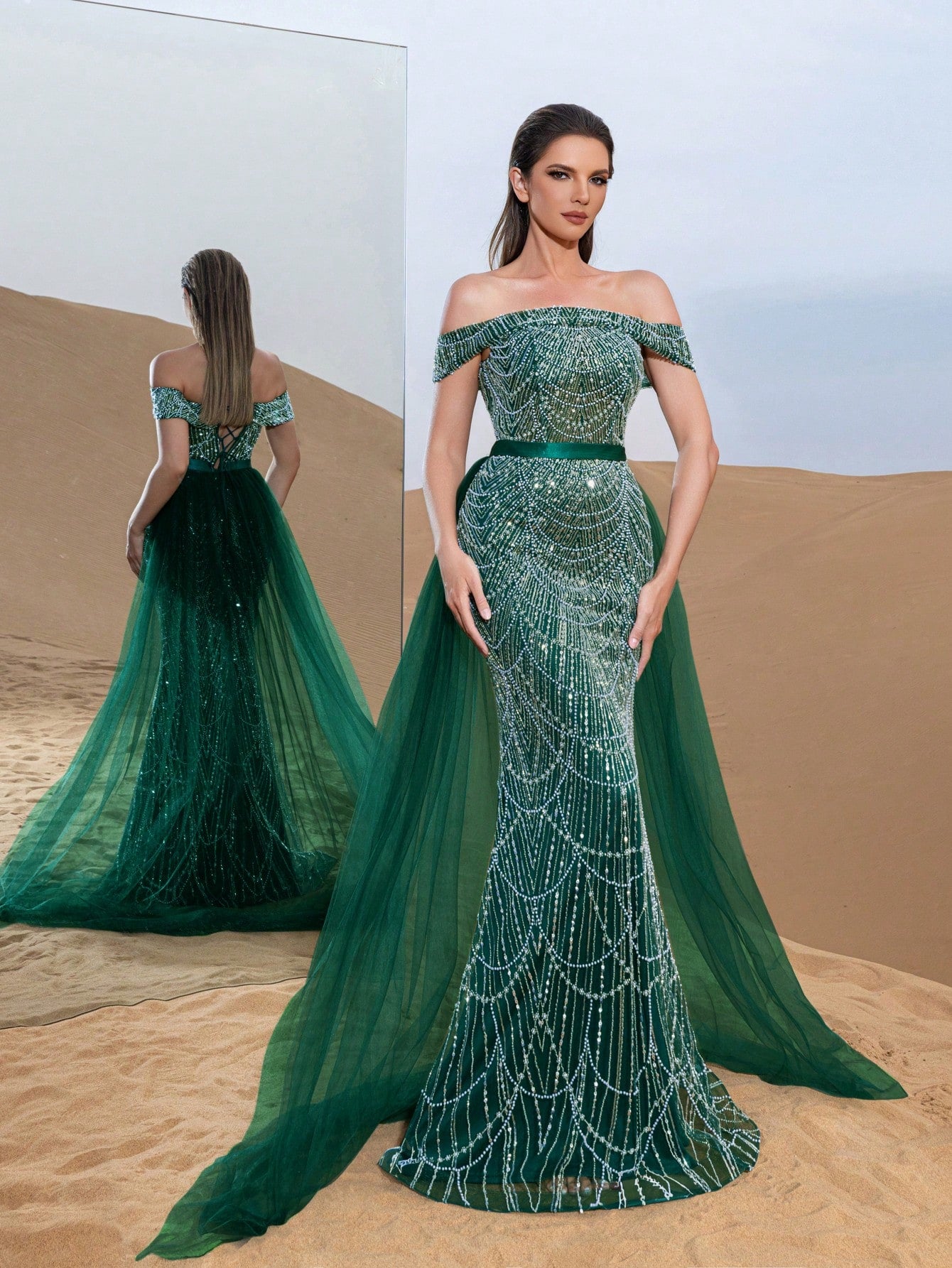 Luxury Off Shoulder Tulle Overlay Mermaid Hem Beaded Sequin Evening Dress