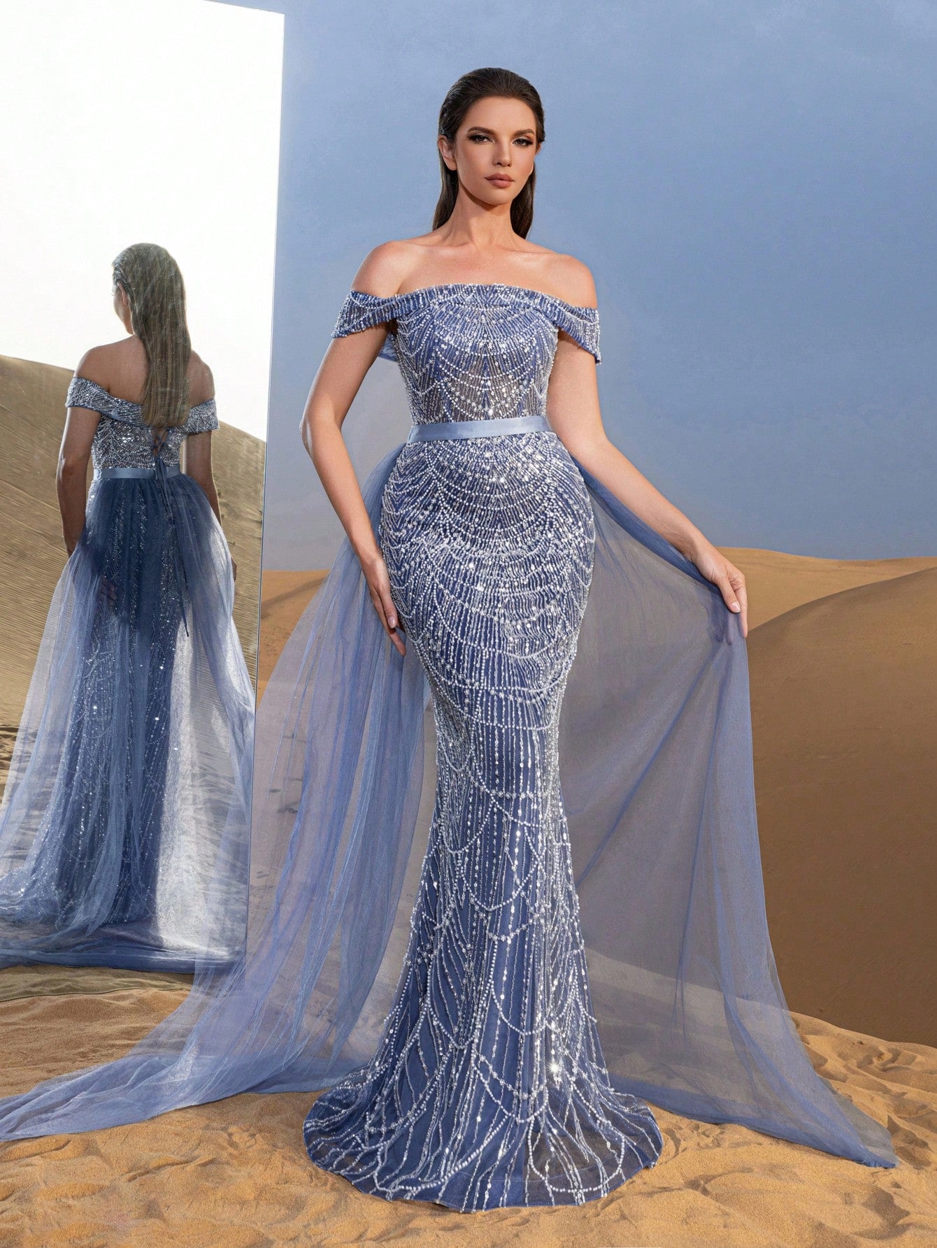 Luxury Off Shoulder Tulle Overlay Mermaid Hem Beaded Sequin Evening Dress