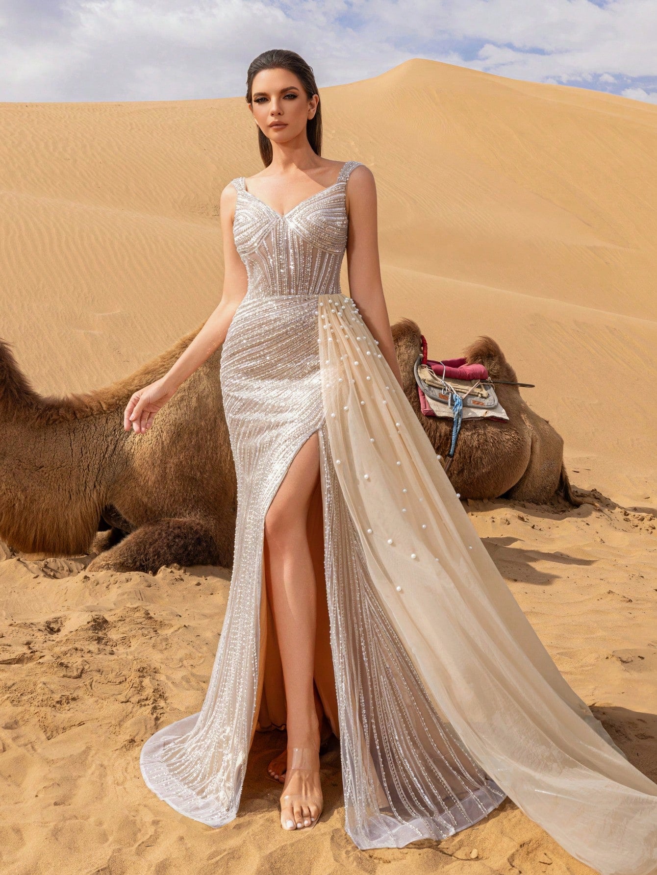 Luxury Sweetheart Neck Mermaid Hem Sheer Overlay Beaded Formal Dresses & Evening Gowns