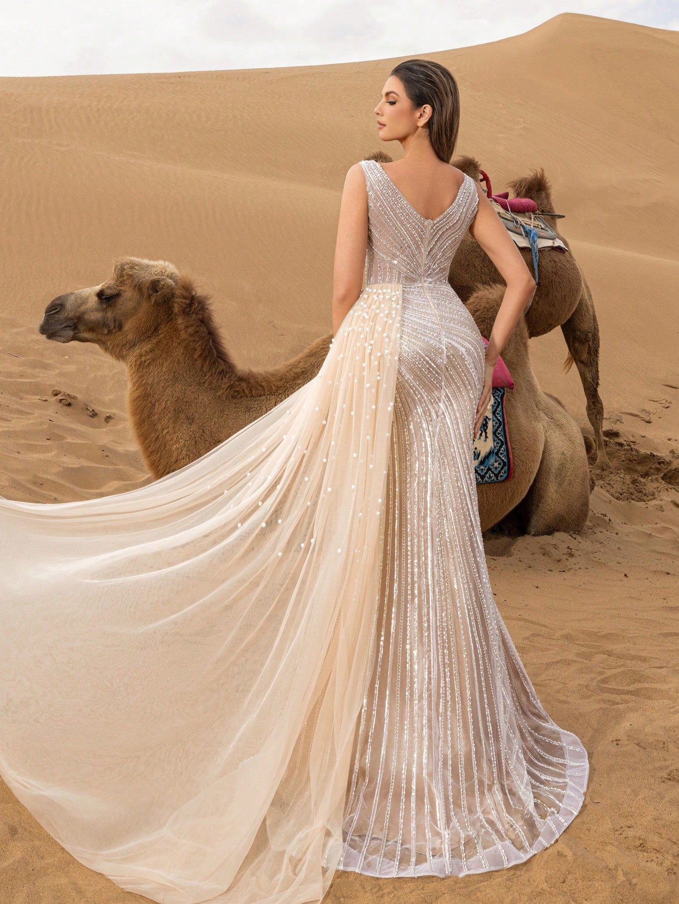 Luxury Sweetheart Neck Mermaid Hem Sheer Overlay Beaded Formal Dresses & Evening Gowns