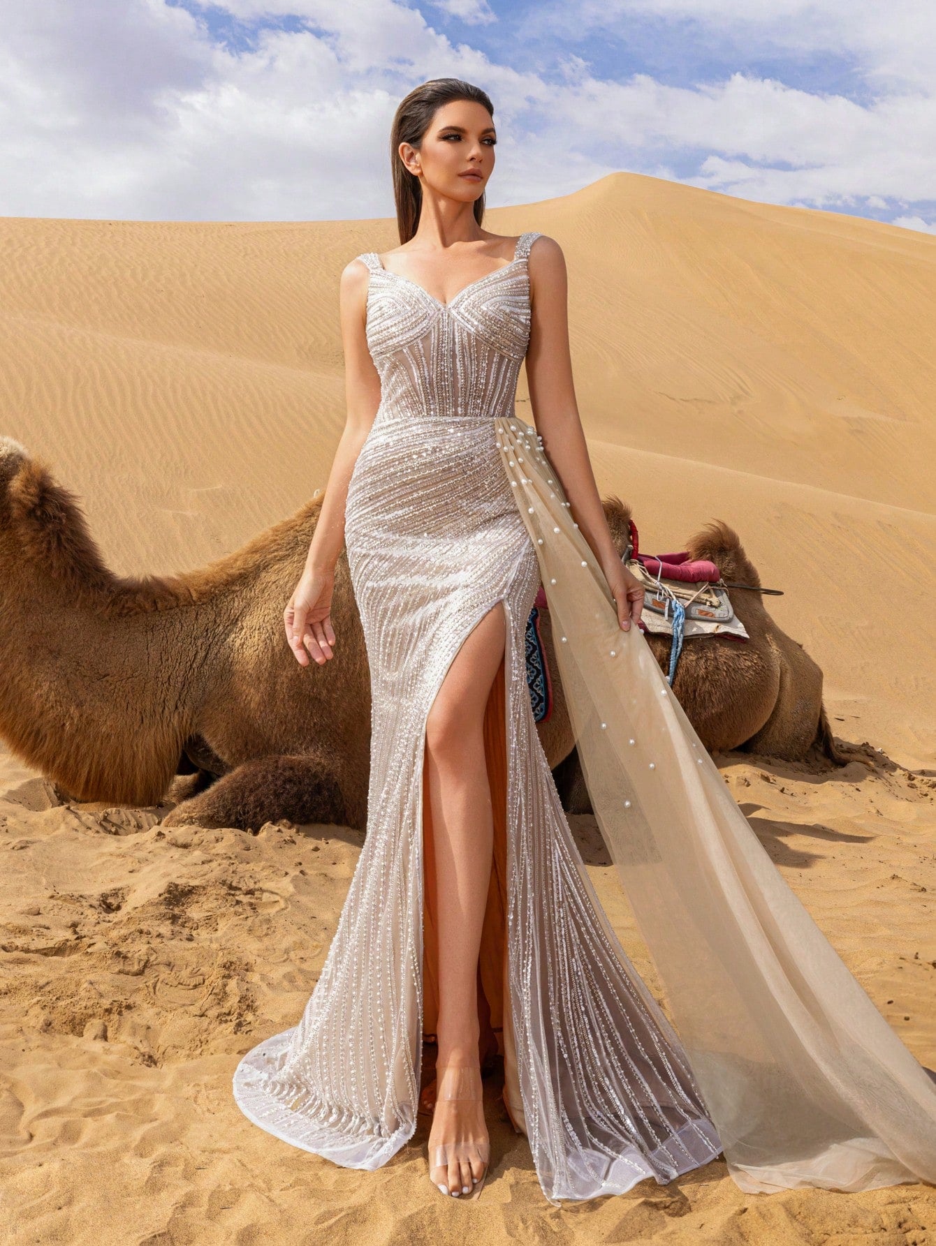 Luxury Sweetheart Neck Mermaid Hem Sheer Overlay Beaded Formal Dresses & Evening Gowns