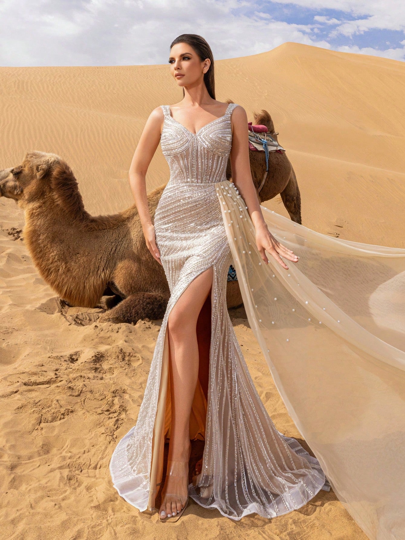 Luxury Sweetheart Neck Mermaid Hem Sheer Overlay Beaded Formal Dresses & Evening Gowns
