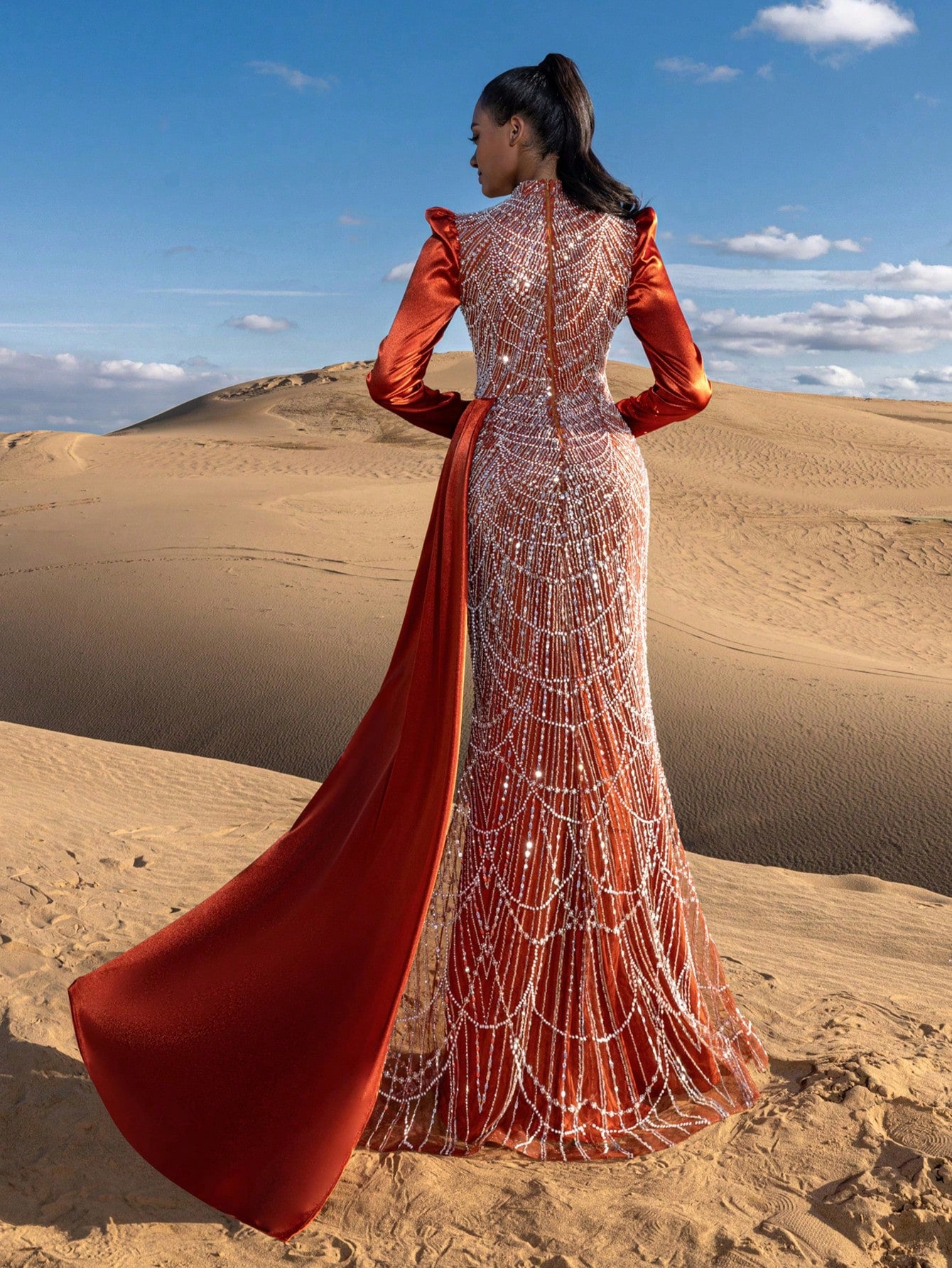 Gorgeous Mock Neck Contrast Satin Mermaid Hem Beaded Formal Dresses & Evening Gowns