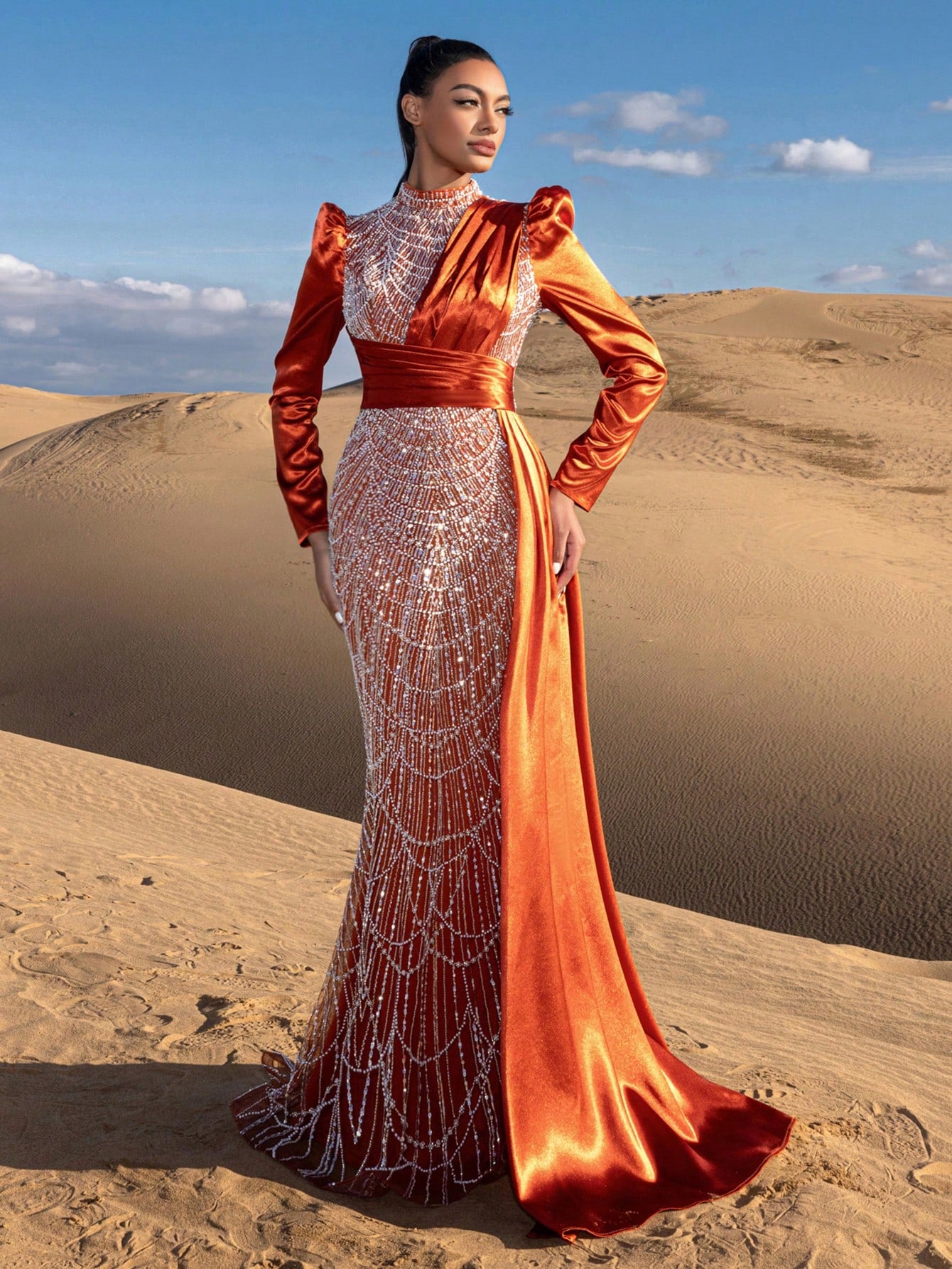 Gorgeous Mock Neck Contrast Satin Mermaid Hem Beaded Formal Dresses & Evening Gowns