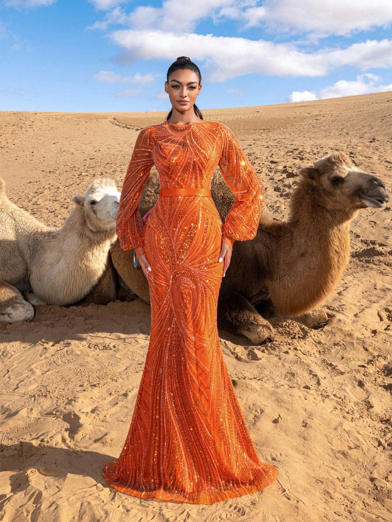Gorgeous Lantern Sleeves Mermaid Hem Beaded Formal Dresses & Evening Gowns
