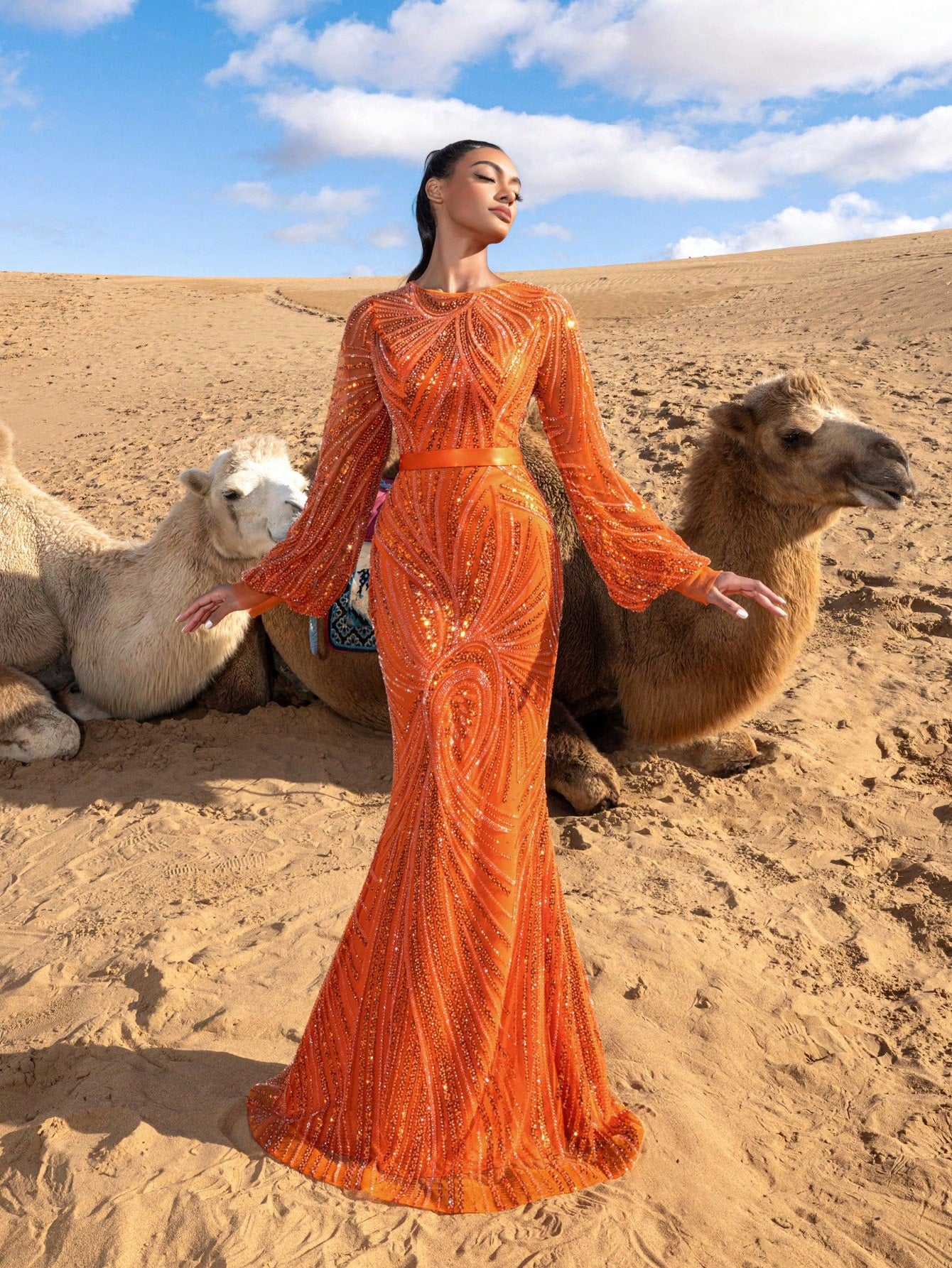 Gorgeous Lantern Sleeves Mermaid Hem Beaded Formal Dresses & Evening Gowns
