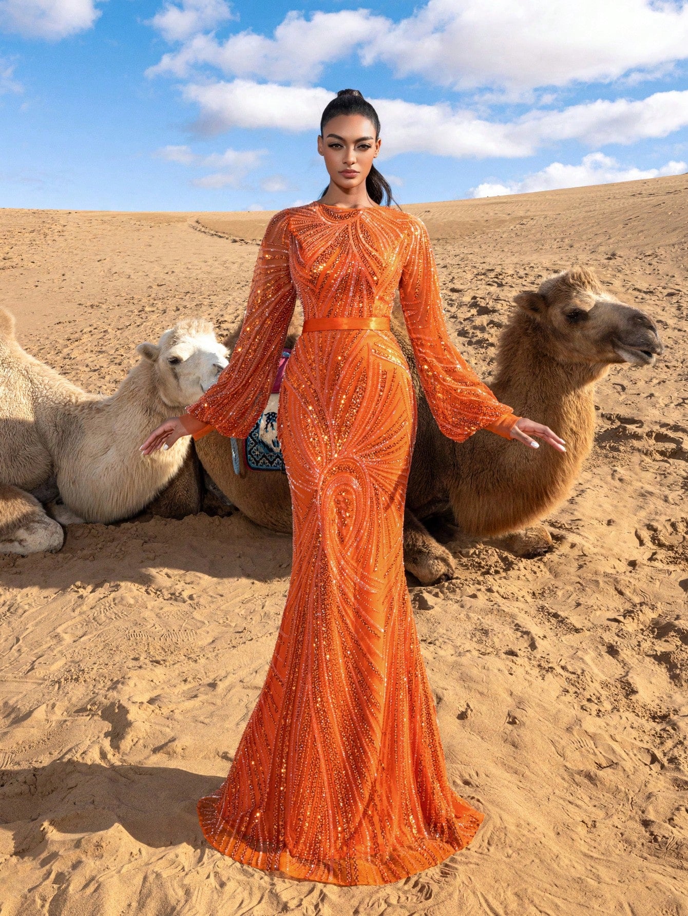 Gorgeous Lantern Sleeves Mermaid Hem Beaded Formal Dresses & Evening Gowns
