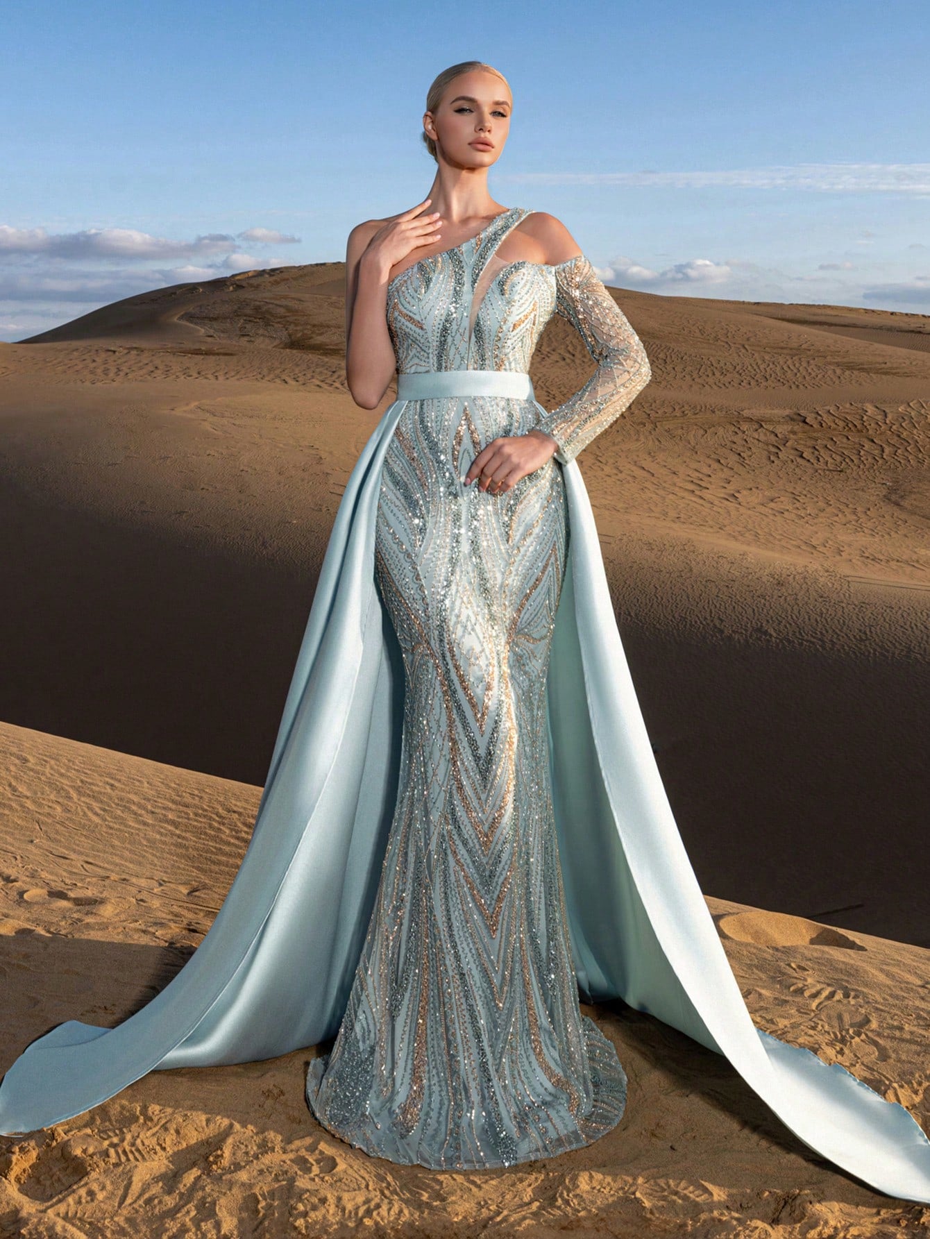 Luxury Two-Piece Beaded Evening Gown Set - Asymmetrical One-Shoulder Design with Sheer Sleeves, Gradient Beading & Shimmering Sequins, Mermaid Silhouette with Dramatic Train