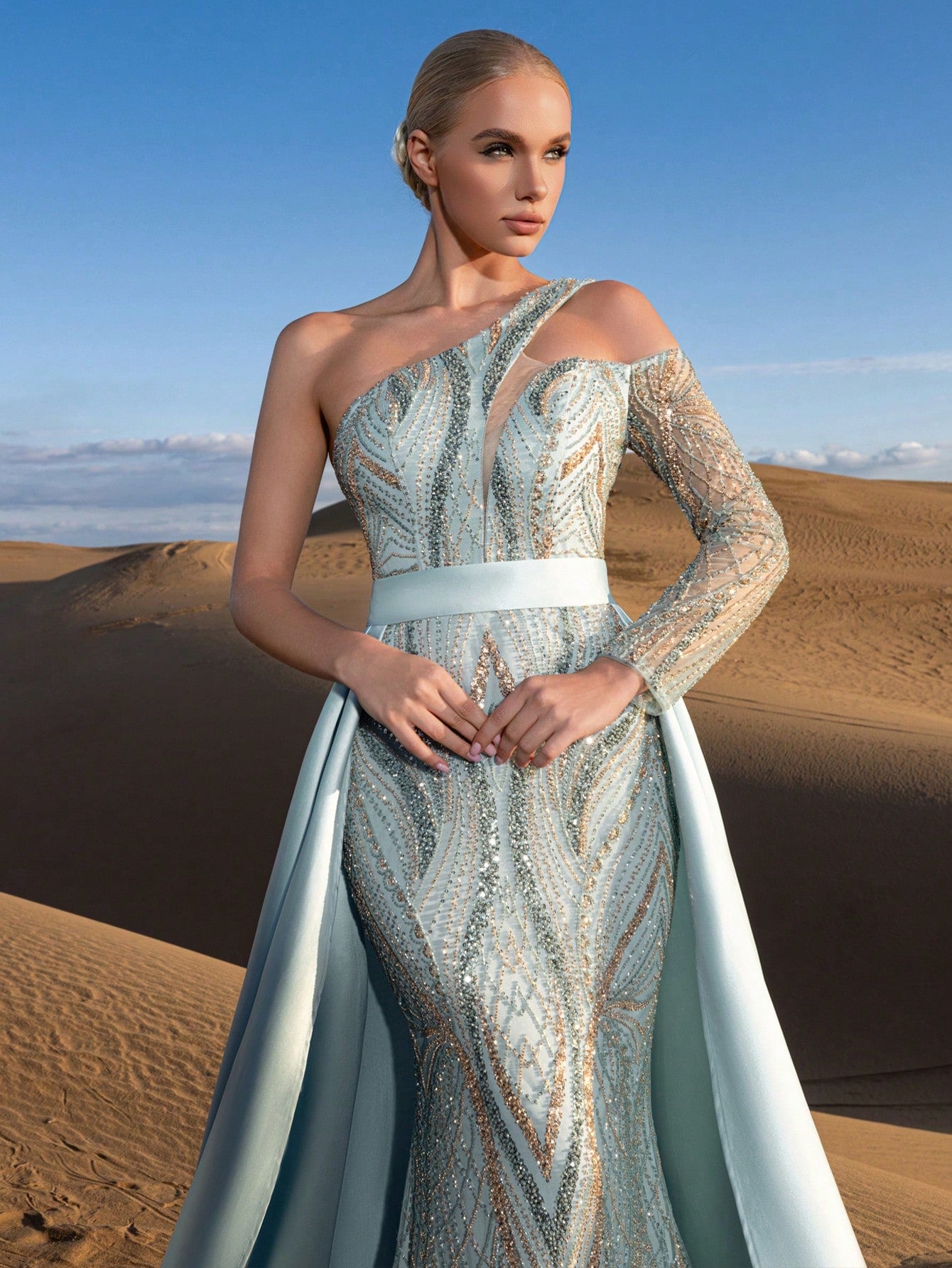 Luxury Two-Piece Beaded Evening Gown Set - Asymmetrical One-Shoulder Design with Sheer Sleeves, Gradient Beading & Shimmering Sequins, Mermaid Silhouette with Dramatic Train